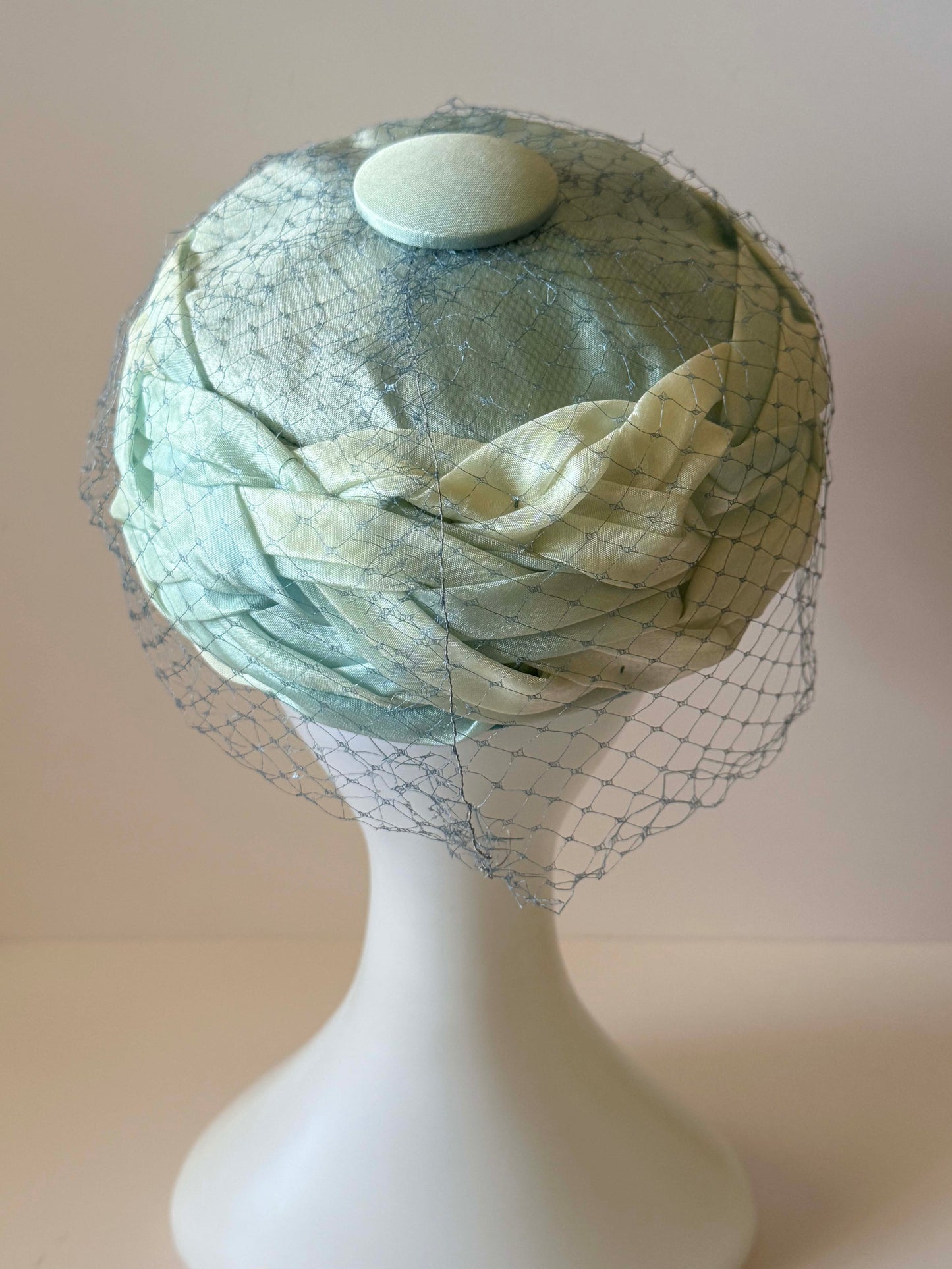 Vintage Ombre Blue Green Pillbox Hat 1960s Draped Satin Cocktail Hat Birdcage Veil Mid Century Church Hat