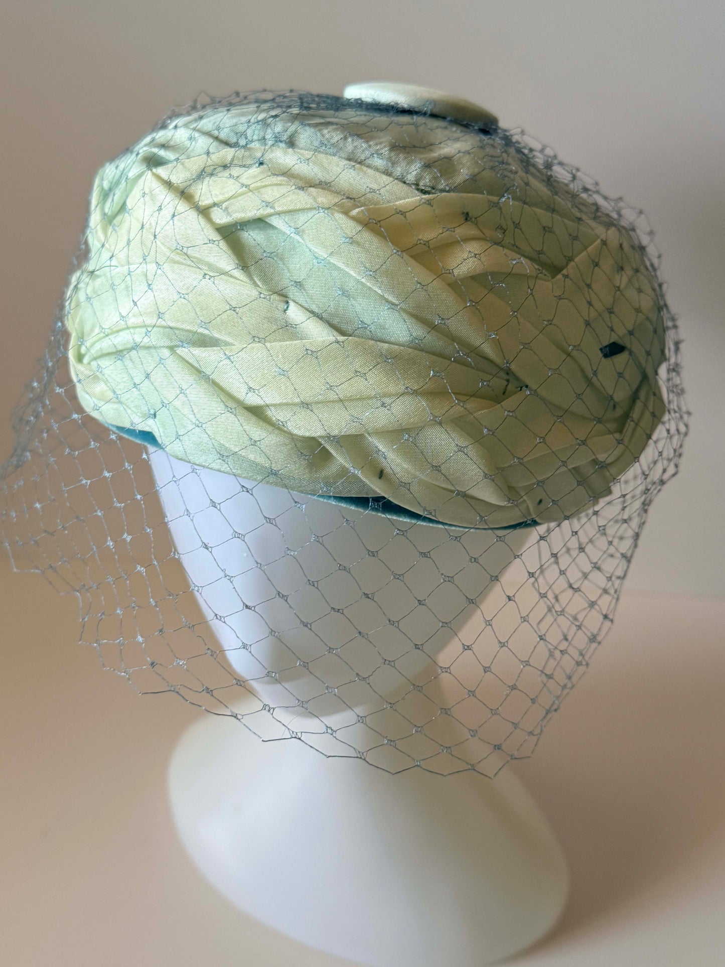 Vintage Ombre Blue Green Pillbox Hat 1960s Draped Satin Cocktail Hat Birdcage Veil Mid Century Church Hat