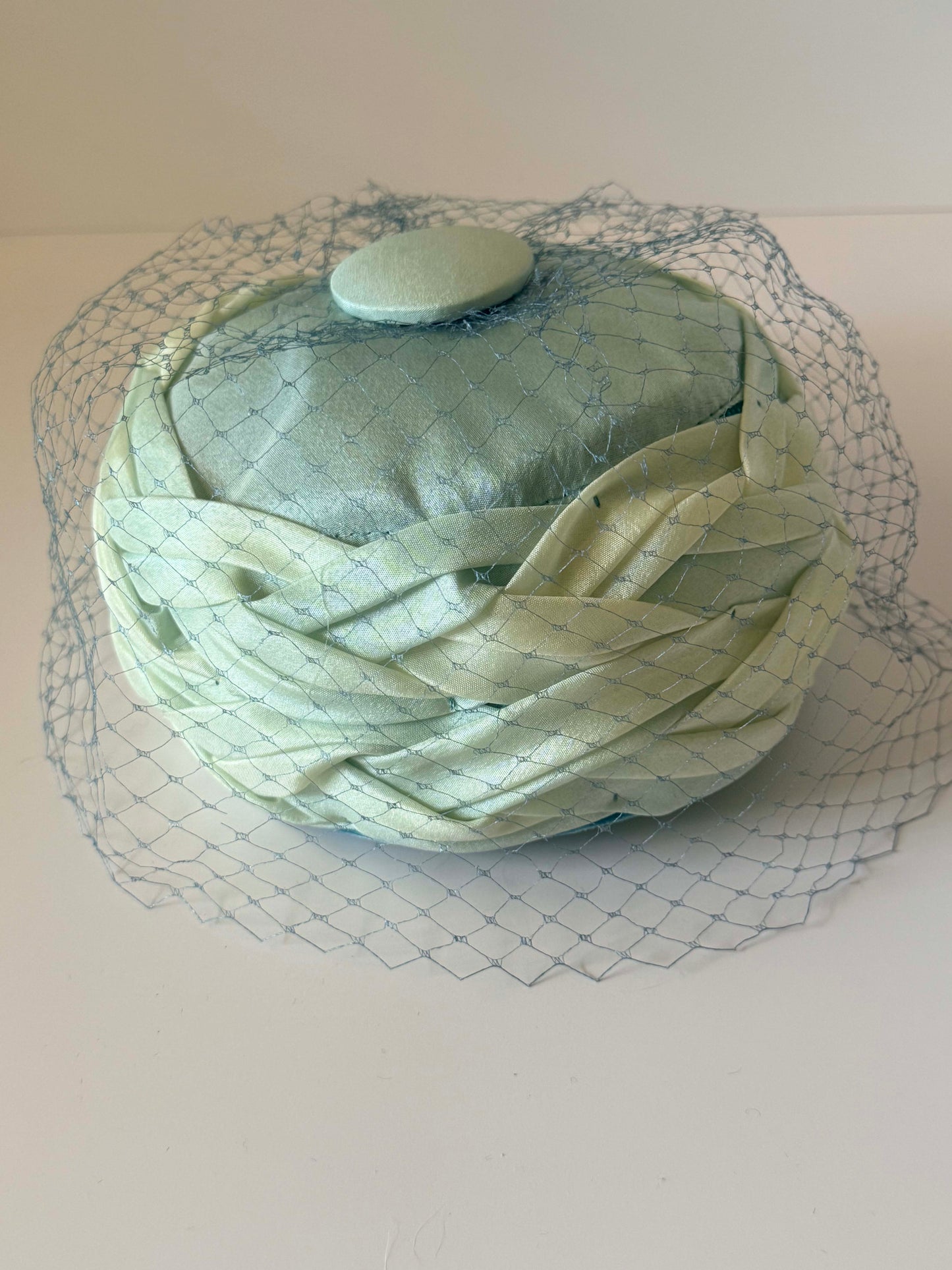 Vintage Ombre Blue Green Pillbox Hat 1960s Draped Satin Cocktail Hat Birdcage Veil Mid Century Church Hat