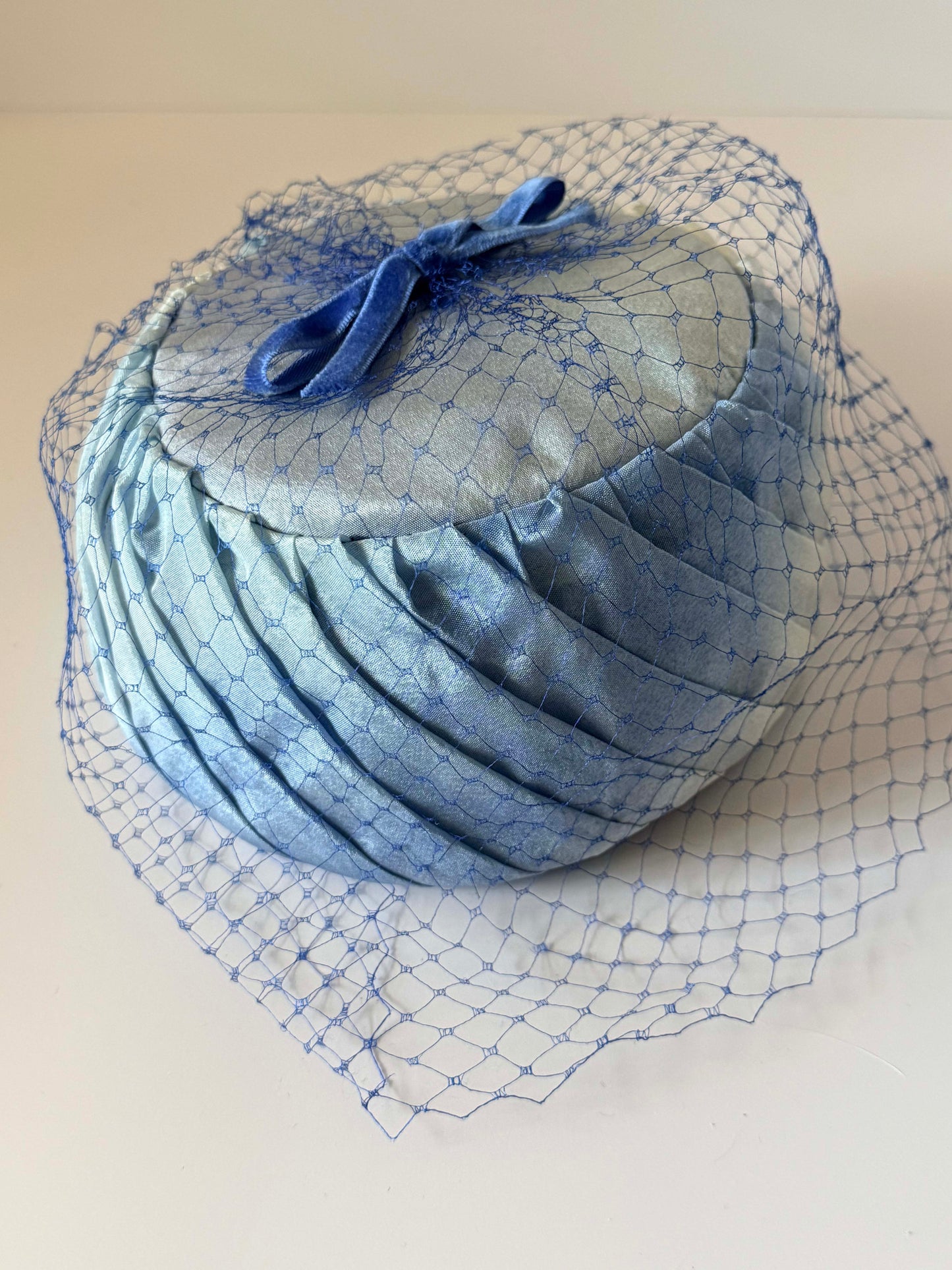 Vintage Ombre Blue Pillbox Hat Birdcage Veil 1960s Satin Cocktail Hat Ice Blue Royal Blue Church Derby Bridal Hat