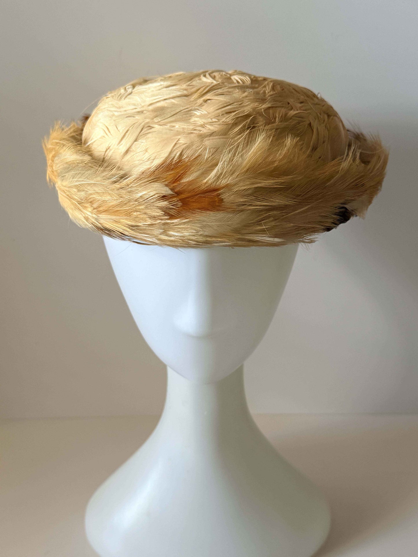 Vintage Feathered Bowler Hat Cream Feather Cocktail Hat Gene Doris Millinery Mid Century Women's Fascinator