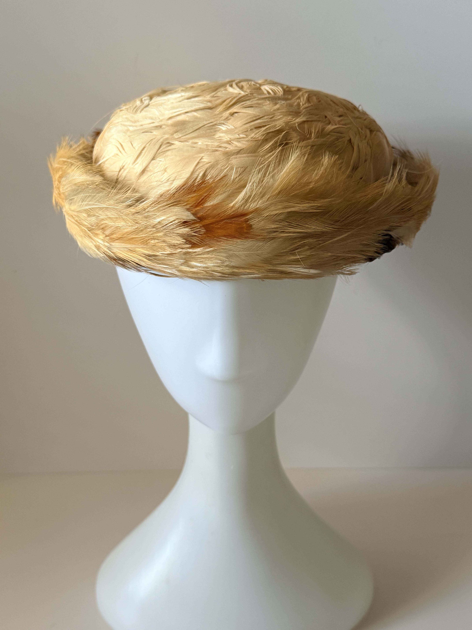 Vintage Feathered Bowler Hat Cream Feather Cocktail Hat Gene Doris Millinery Mid Century Women's Fascinator