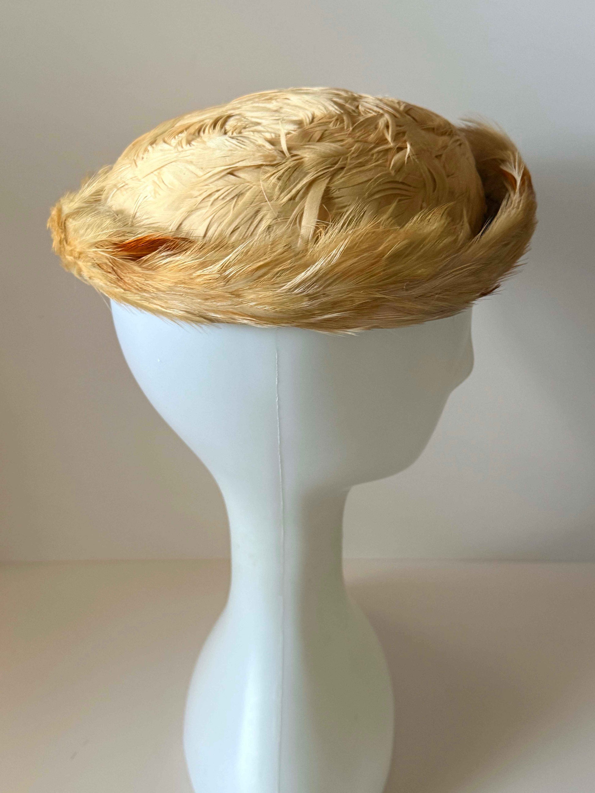 Vintage Feathered Bowler Hat Cream Feather Cocktail Hat Gene Doris Millinery Mid Century Women's Fascinator