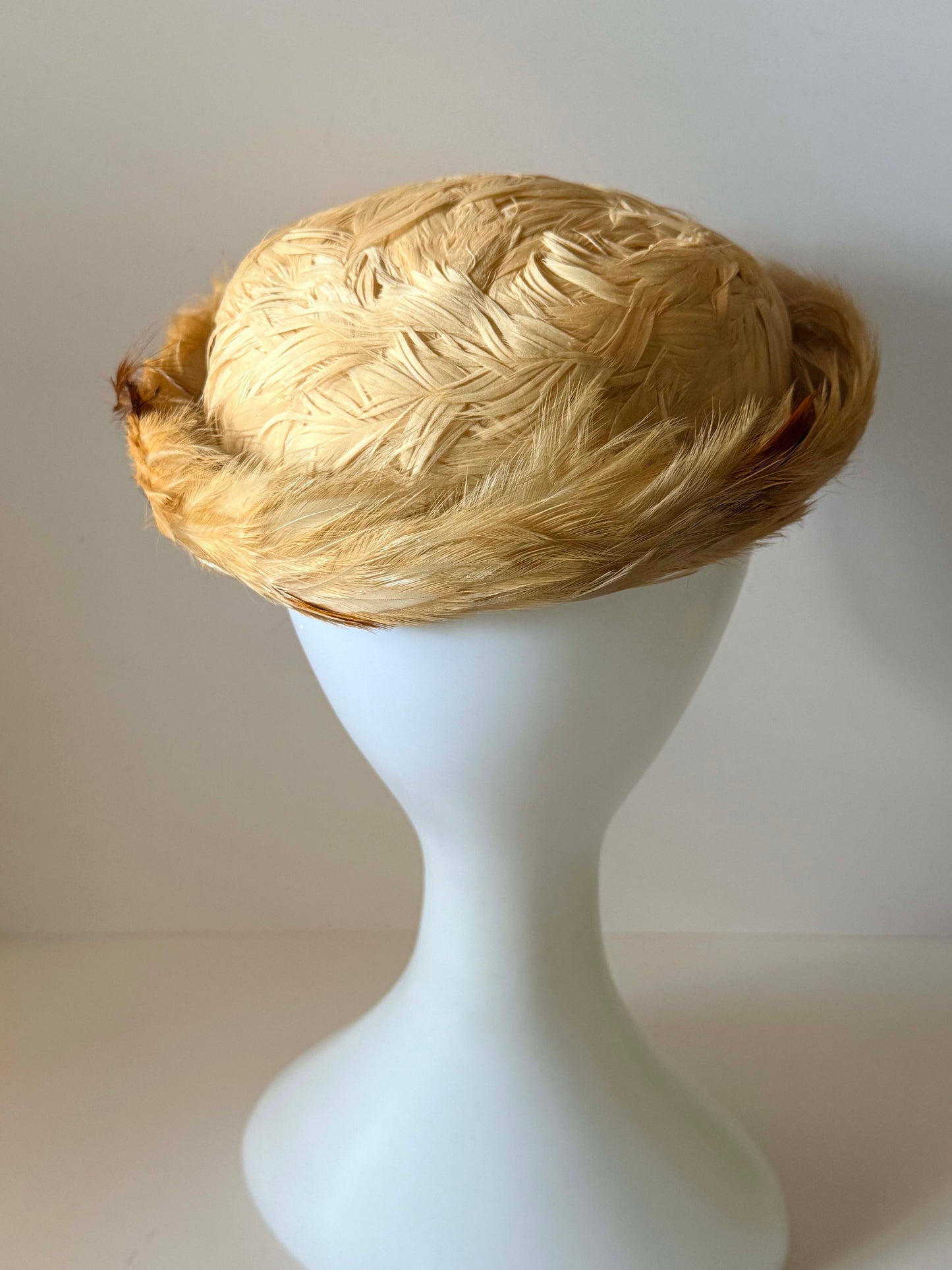 Vintage Feathered Bowler Hat Cream Feather Cocktail Hat Gene Doris Millinery Mid Century Women's Fascinator