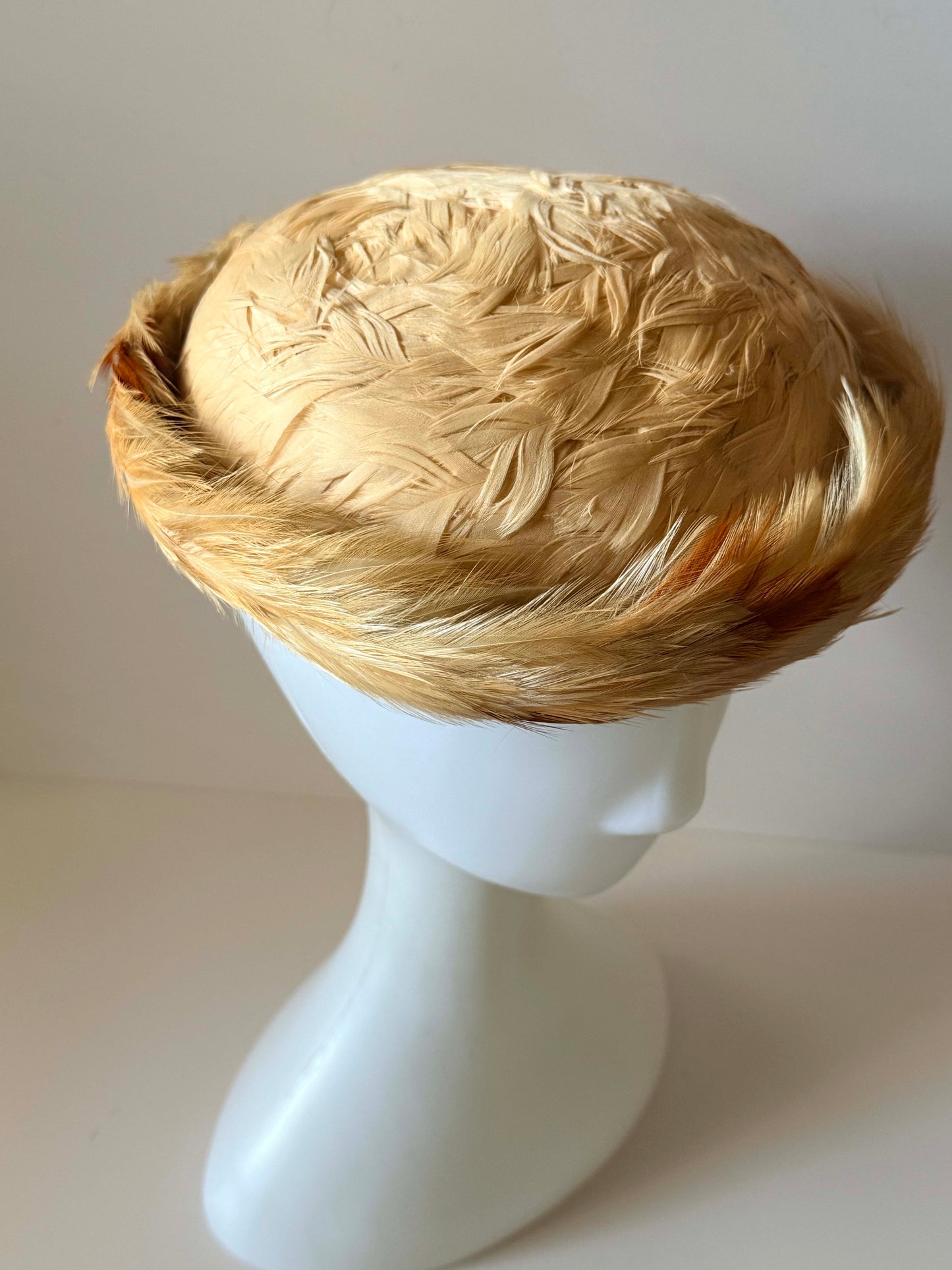 Vintage Feathered Bowler Hat Cream Feather Cocktail Hat Gene Doris Millinery Mid Century Women's Fascinator