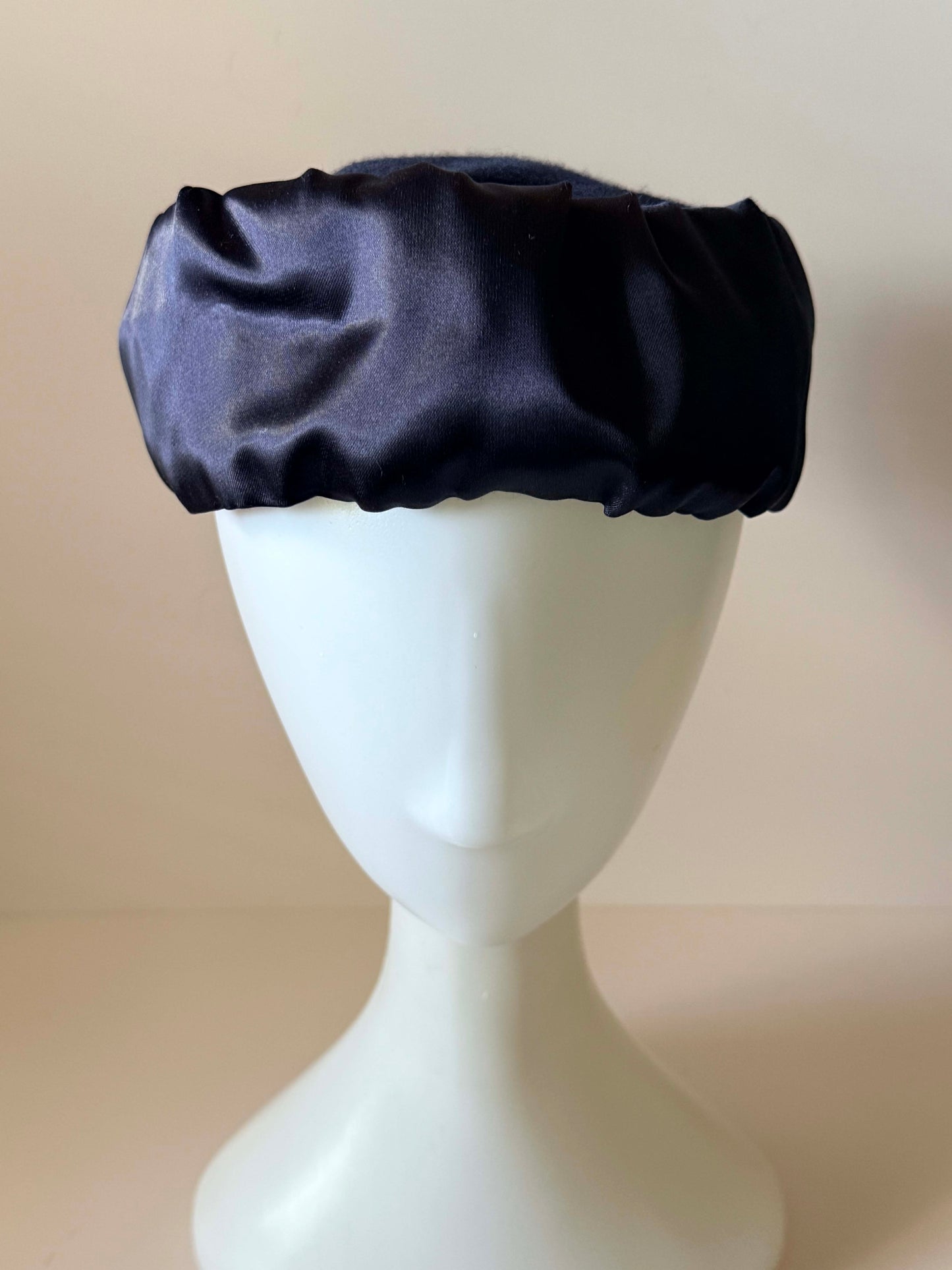 Vintage Navy Satin Pillbox Hat 1960s Cocktail Hat Minimalist Evening Hat Classic Vintage Millinery