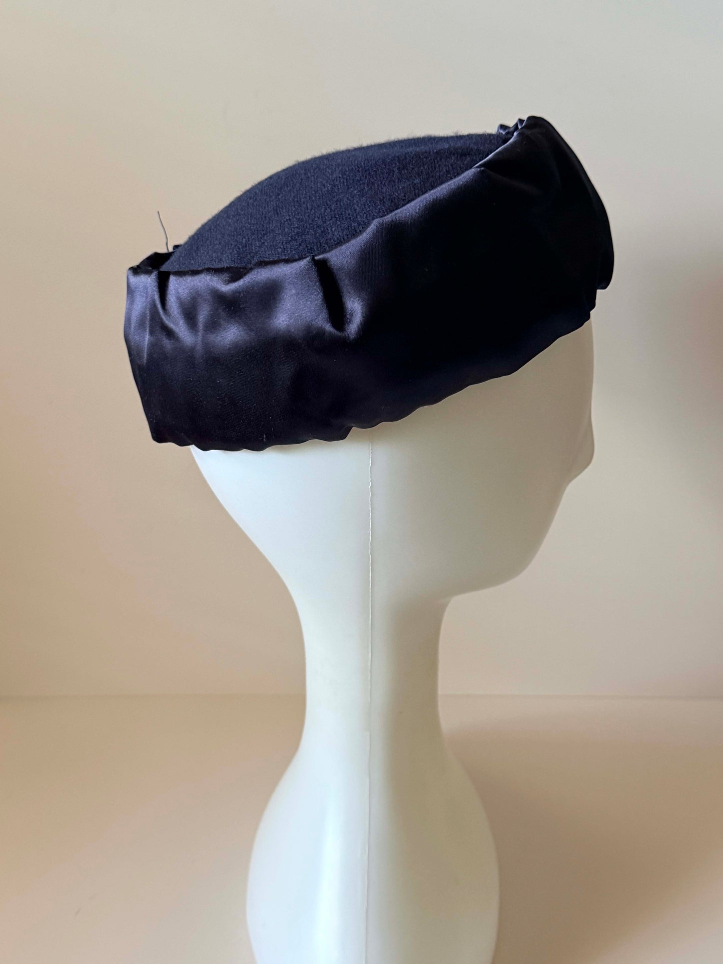 Vintage Navy Satin Pillbox Hat 1960s Cocktail Hat Minimalist Evening Hat Classic Vintage Millinery