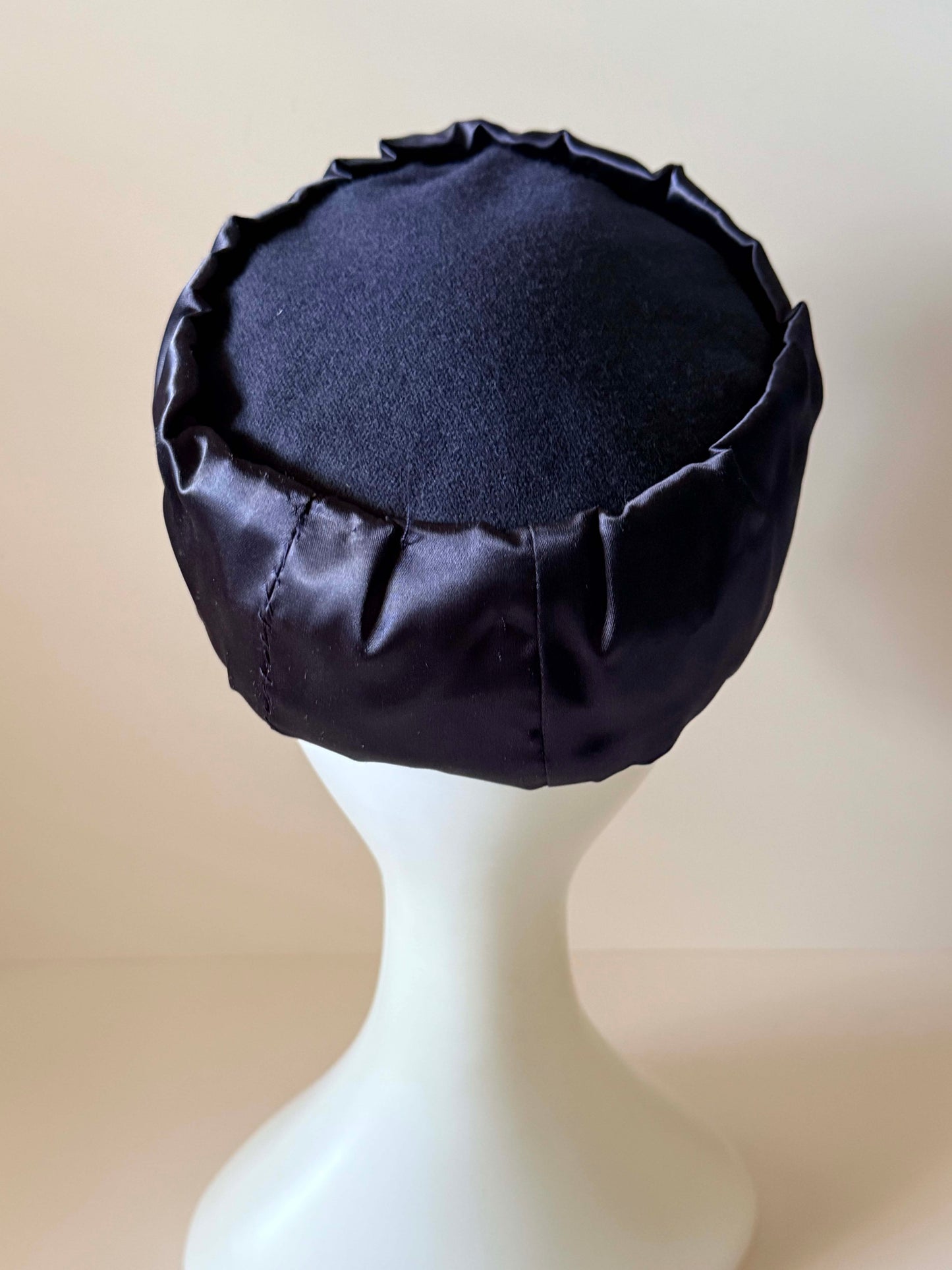 Vintage Navy Satin Pillbox Hat 1960s Cocktail Hat Minimalist Evening Hat Classic Vintage Millinery