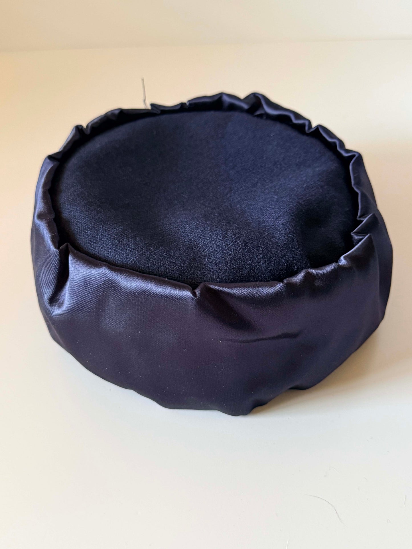 Vintage Navy Satin Pillbox Hat 1960s Cocktail Hat Minimalist Evening Hat Classic Vintage Millinery