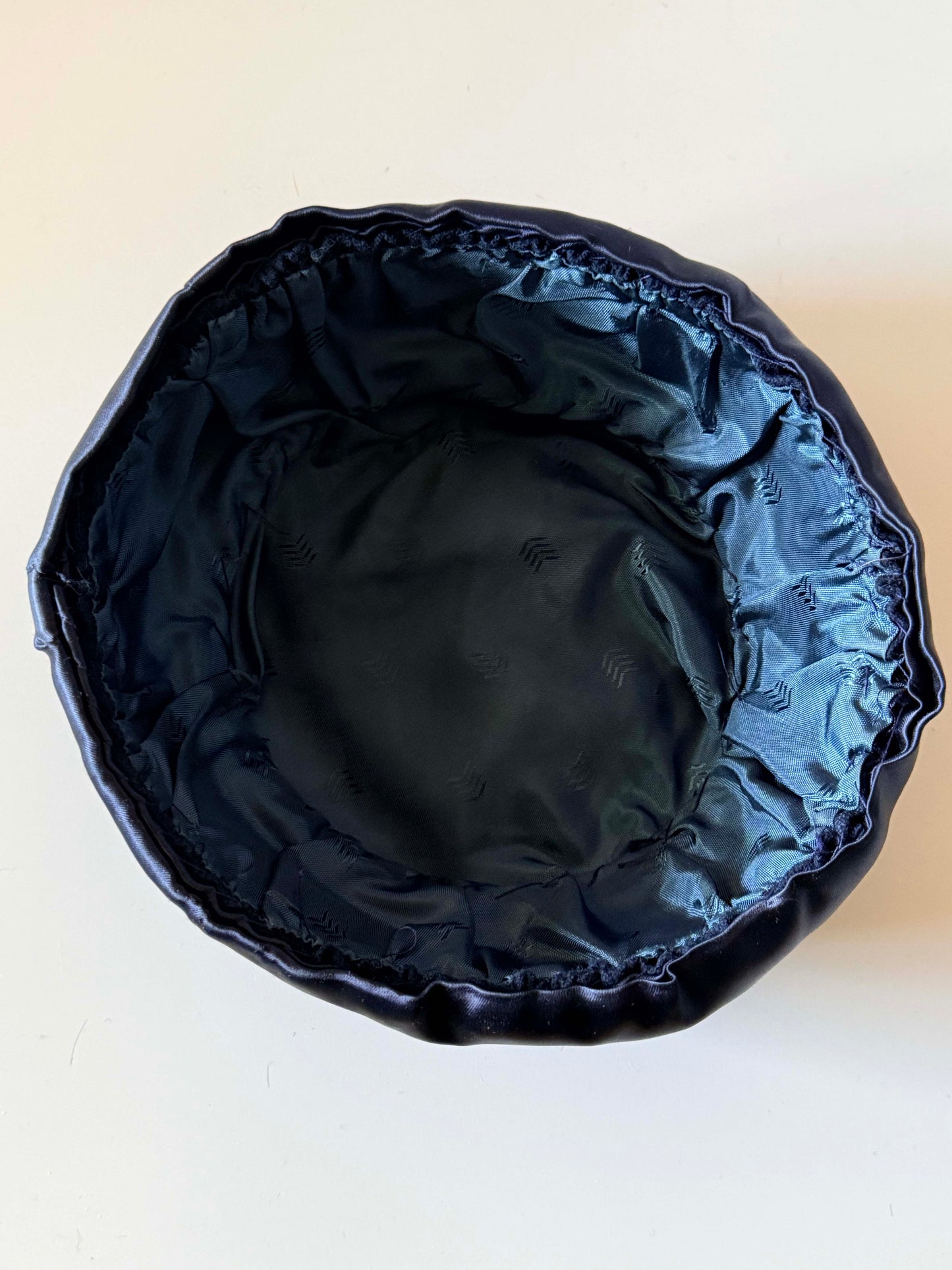 Vintage Navy Satin Pillbox Hat 1960s Cocktail Hat Minimalist Evening Hat Classic Vintage Millinery