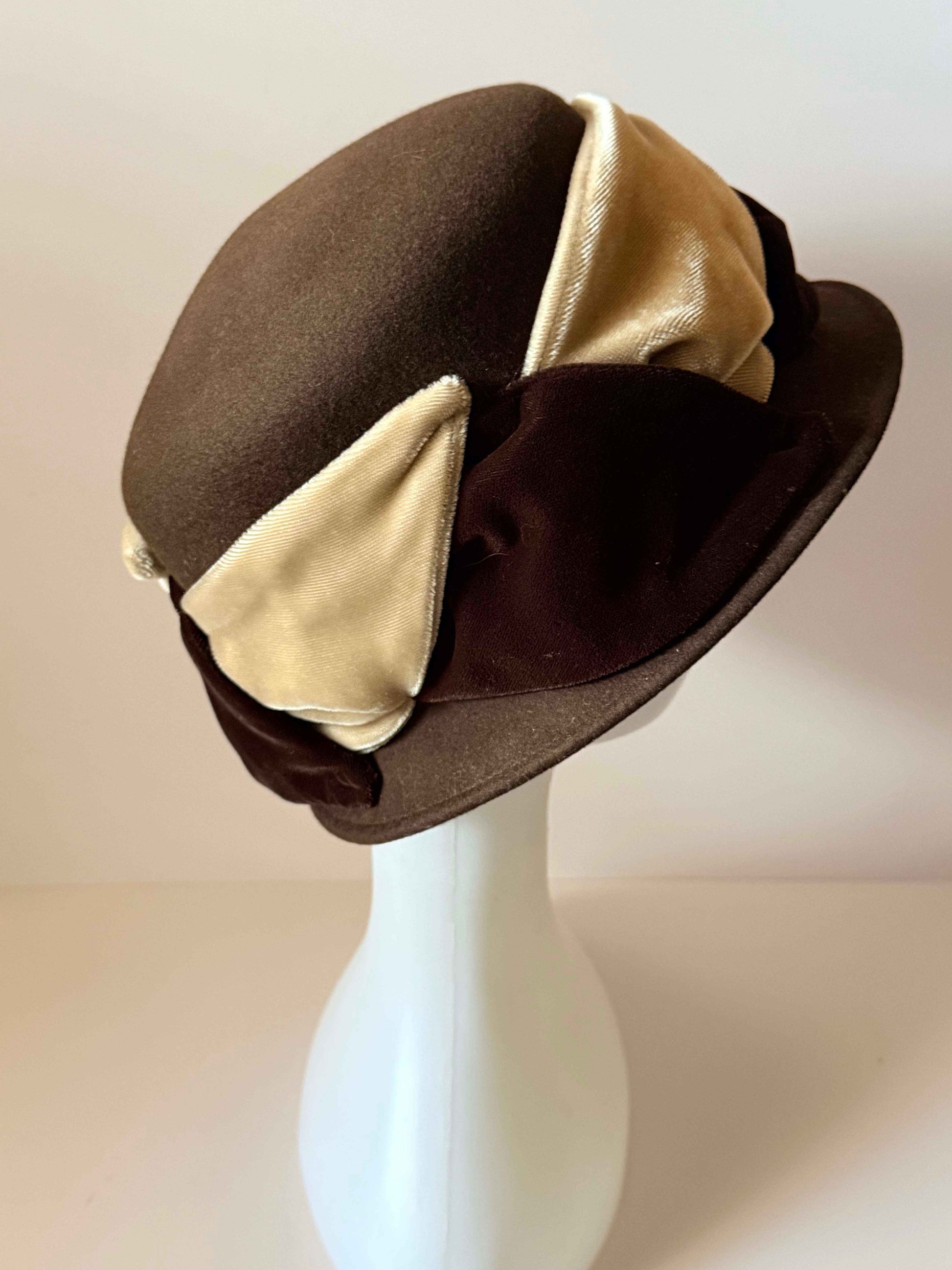 Vintage Brown Felt Cloche Hat Velvet Bow Chocolate Brown Cocktail Hat 1960s Women's Winter Millinery