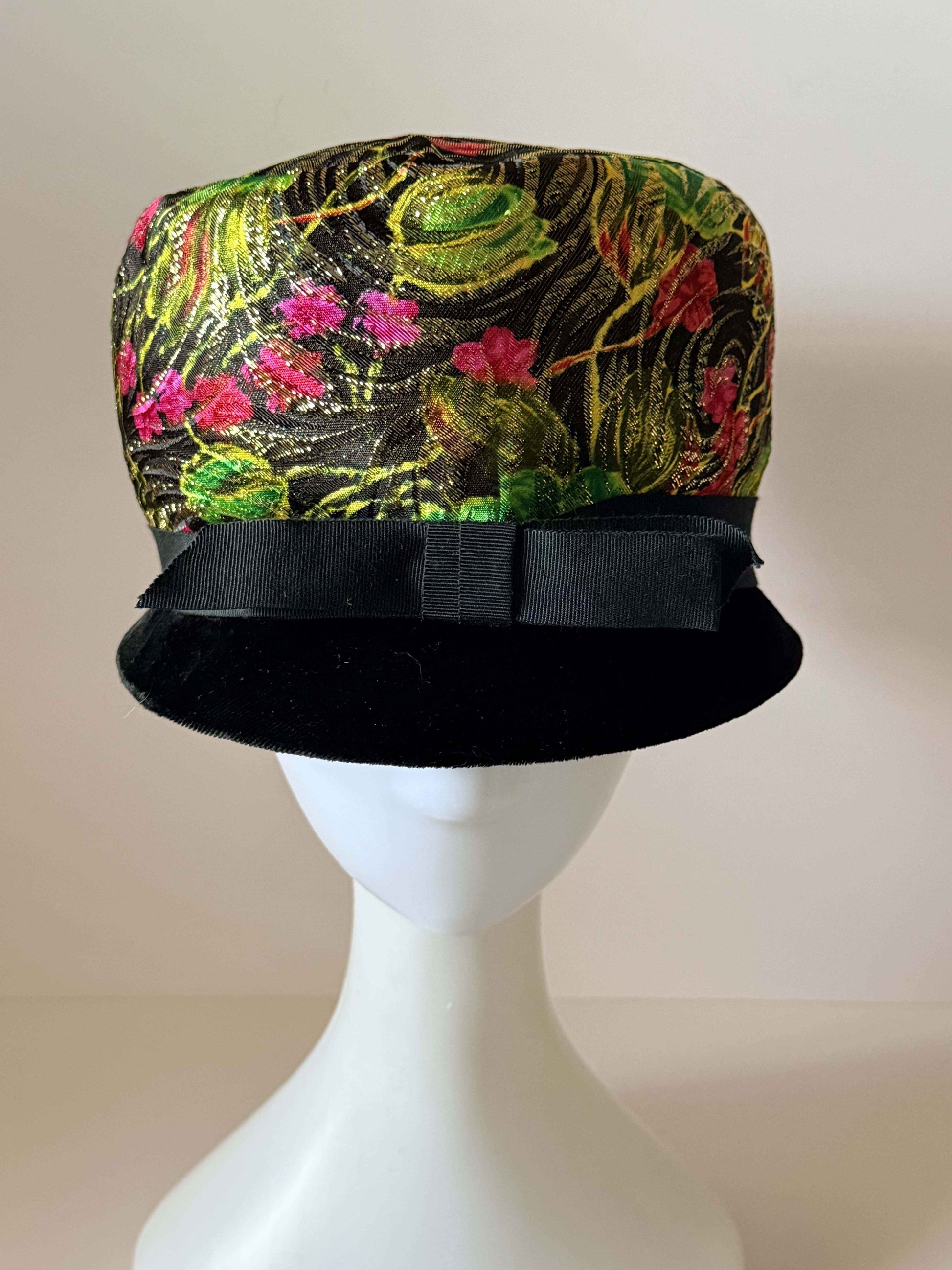 Vintage Floral Brocade Cloche Hat Black Velvet Brim Metallic Jacquard 1960s Cocktail Church Derby Hat