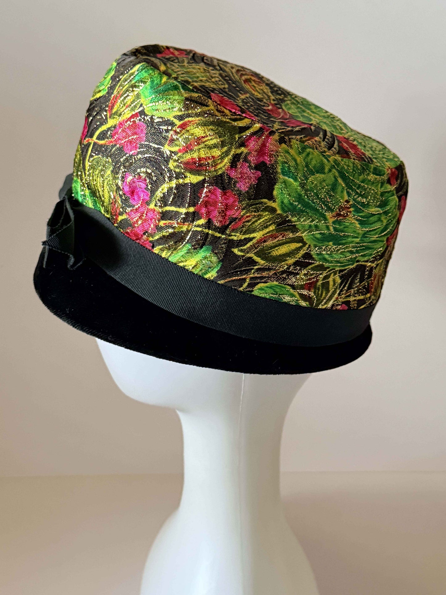 Vintage Floral Brocade Cloche Hat Black Velvet Brim Metallic Jacquard 1960s Cocktail Church Derby Hat