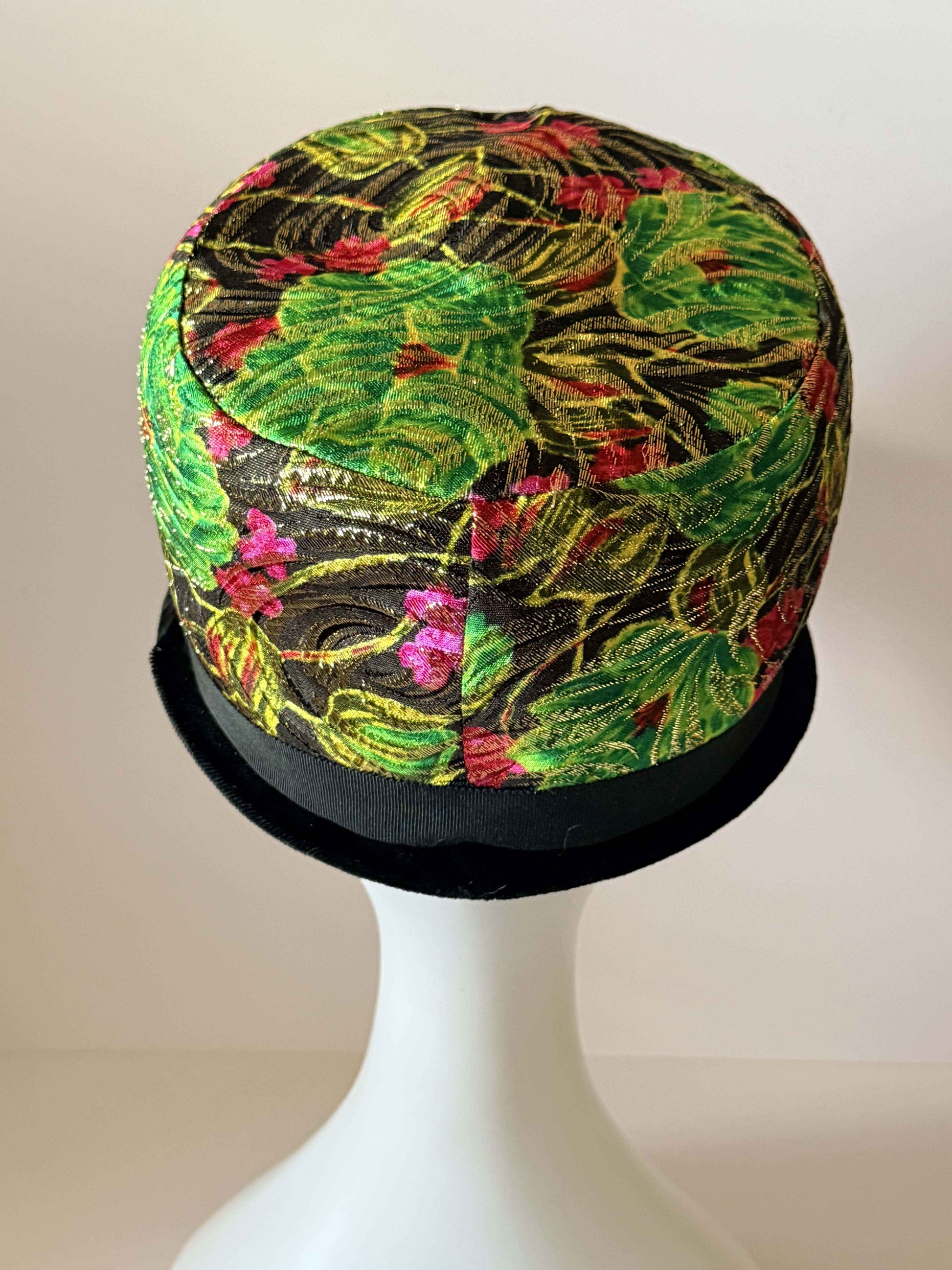 Vintage Floral Brocade Cloche Hat Black Velvet Brim Metallic Jacquard 1960s Cocktail Church Derby Hat