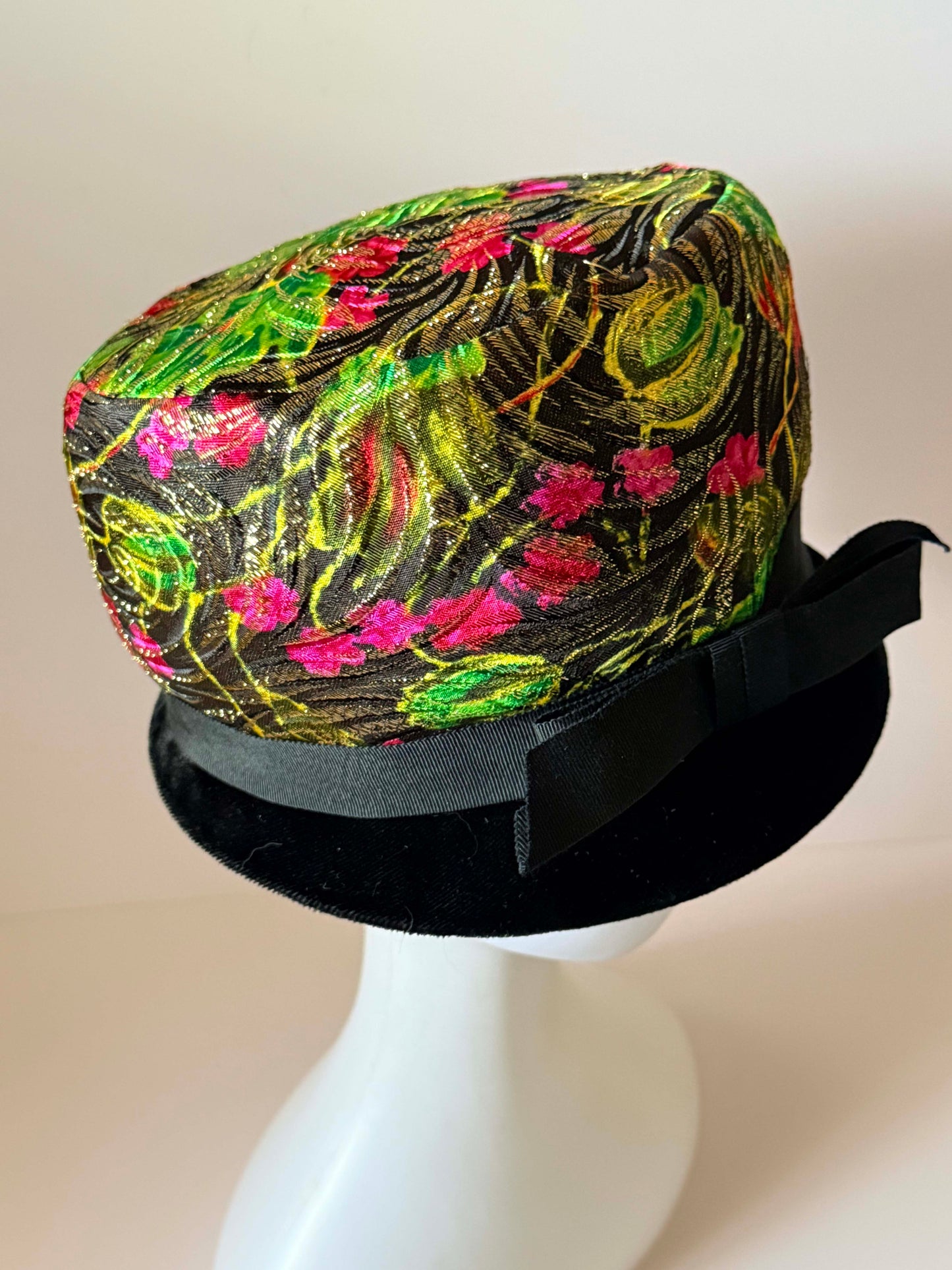Vintage Floral Brocade Cloche Hat Black Velvet Brim Metallic Jacquard 1960s Cocktail Church Derby Hat