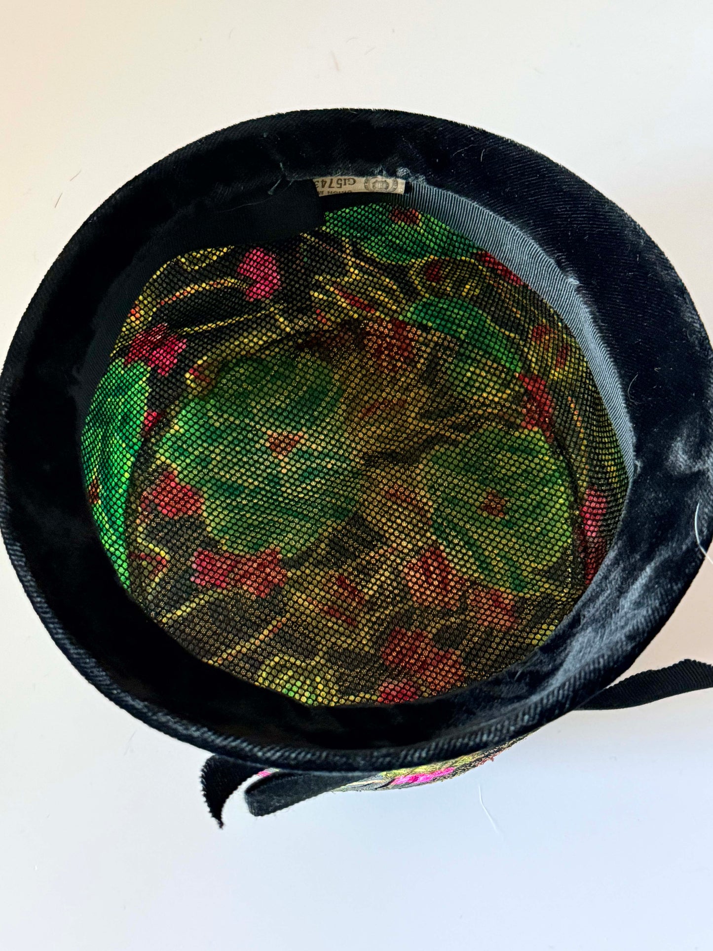 Vintage Floral Brocade Cloche Hat Black Velvet Brim Metallic Jacquard 1960s Cocktail Church Derby Hat