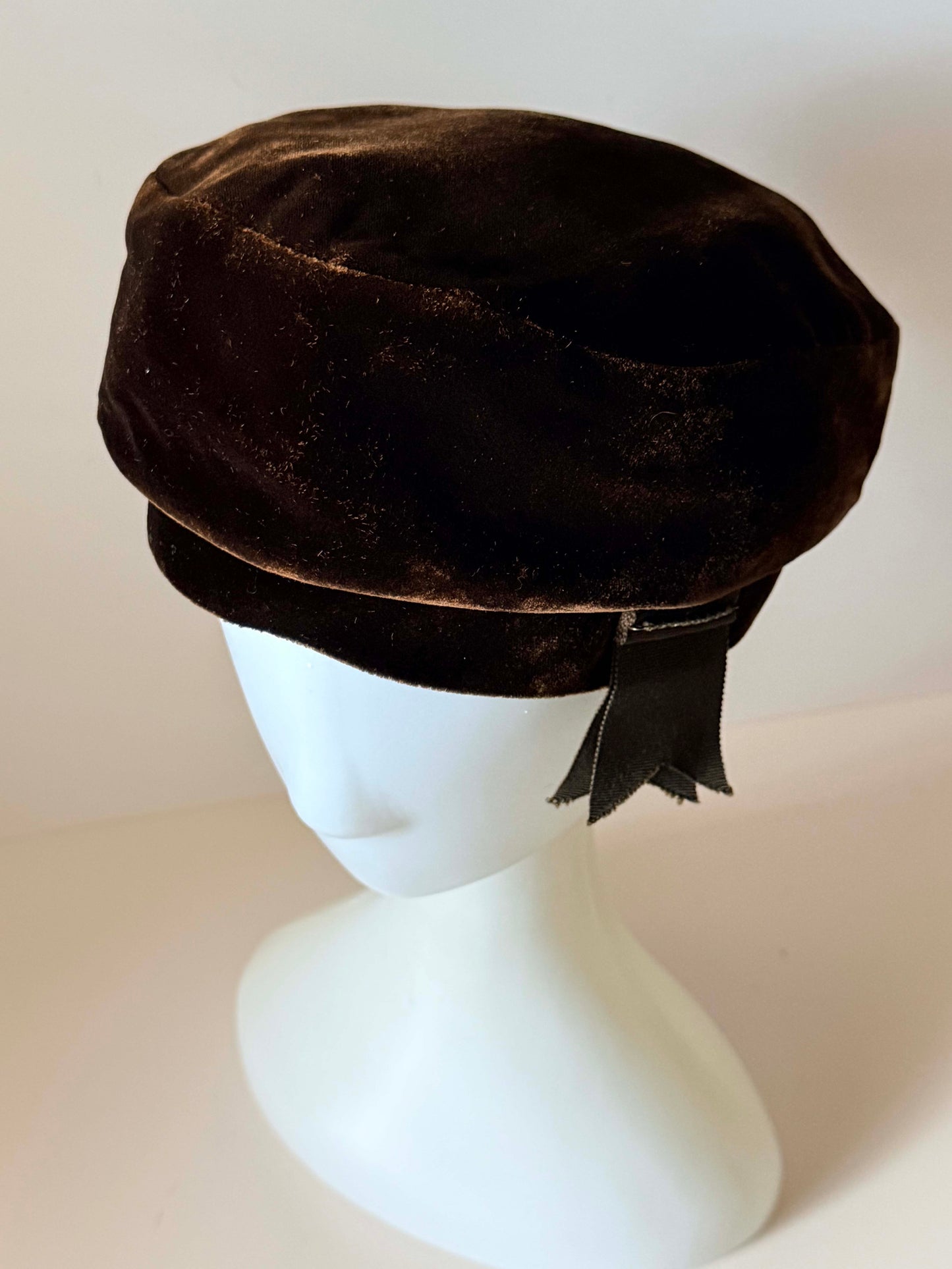 Vintage Brown Velvet Pillbox Hat 1960s Chocolate Brown Cocktail Hat Classic Mid Century Church Hat Elegant Millinery