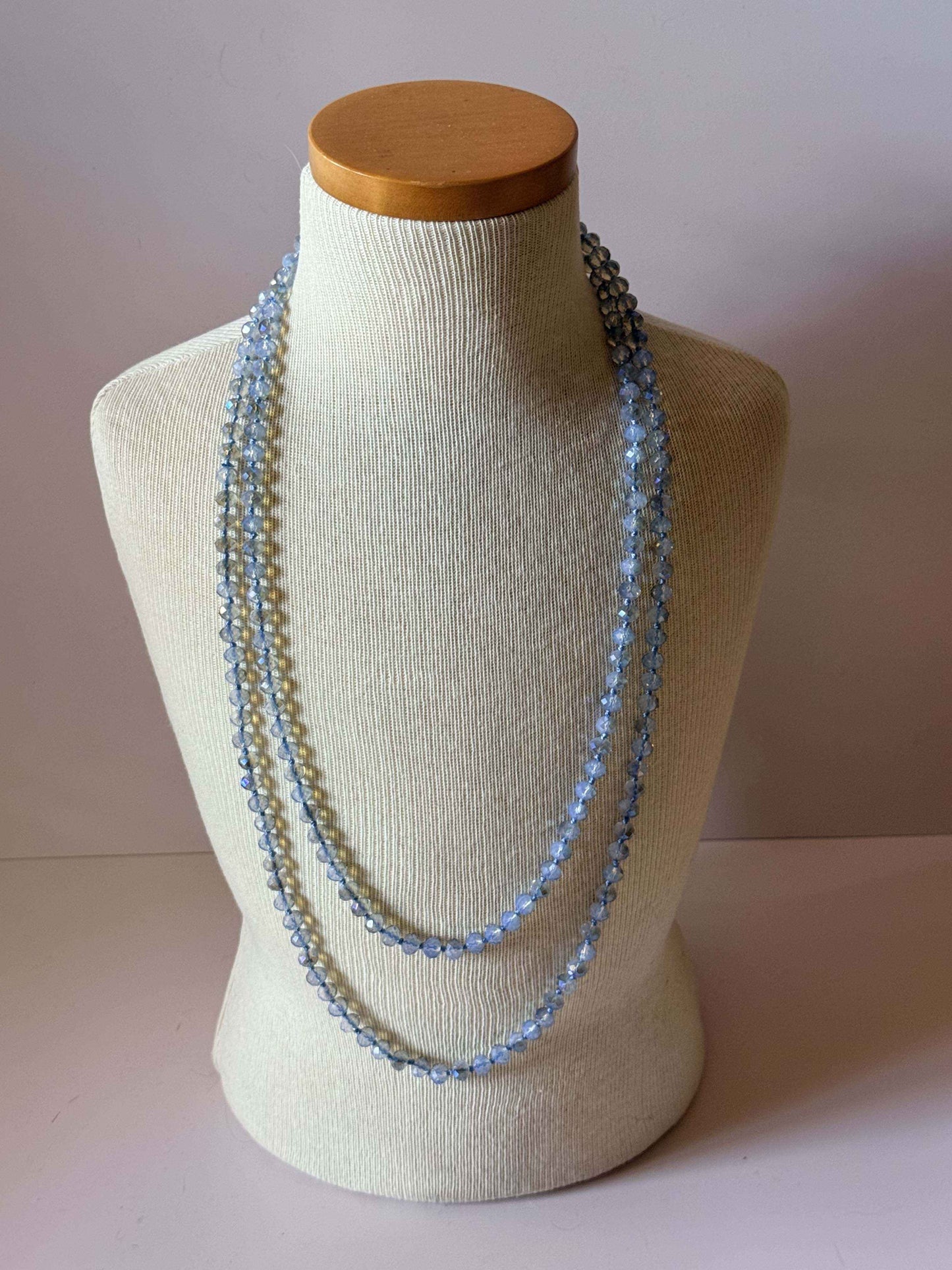Vintage Long Blue Crystal Necklace, Aurora Borealis Glass Bead Necklace, Long Faceted Crystal Strand, Bridal Jewelry, Mid Century Necklace