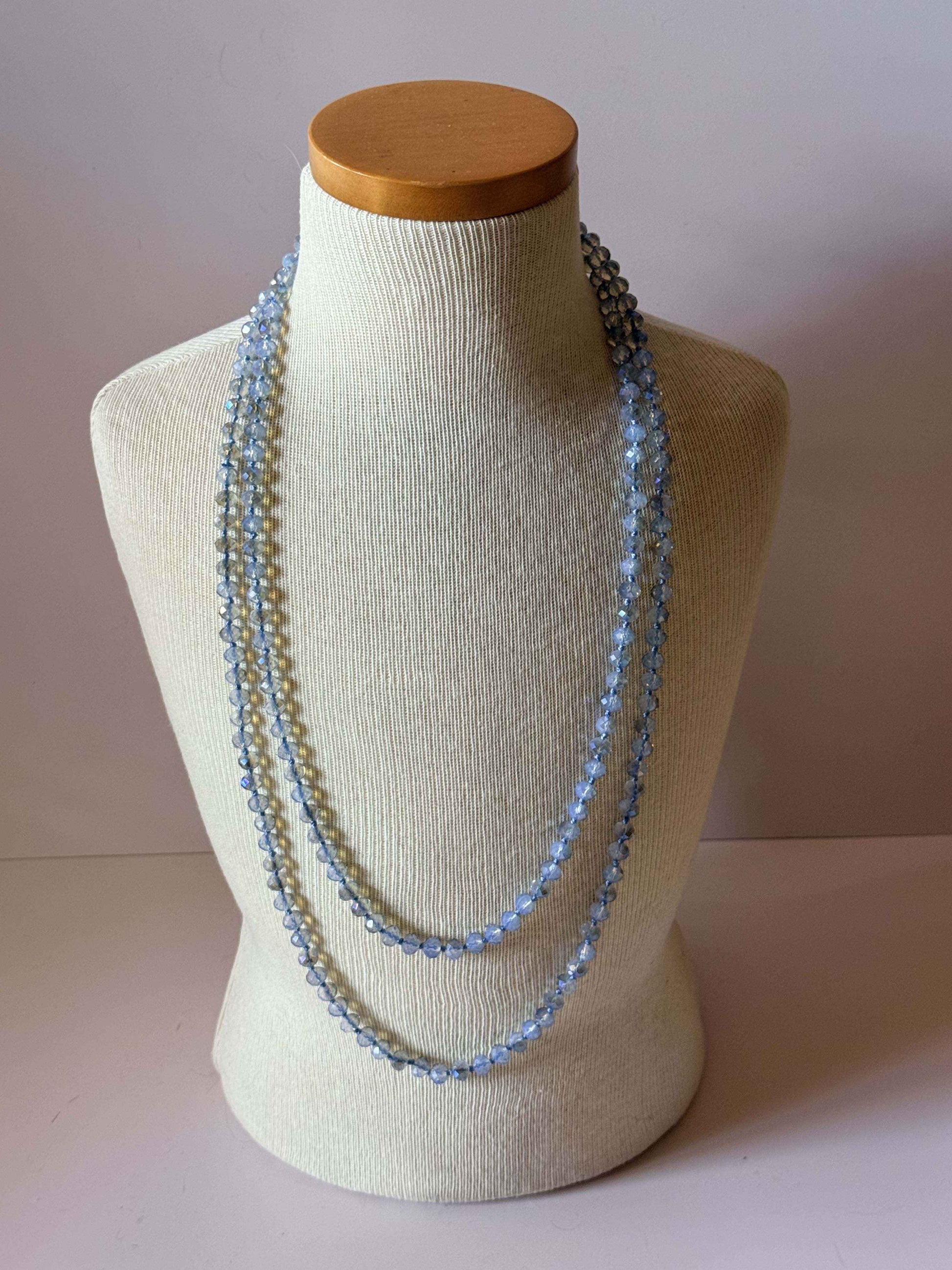 Vintage Long Blue Crystal Necklace, Aurora Borealis Glass Bead Necklace, Long Faceted Crystal Strand, Bridal Jewelry, Mid Century Necklace