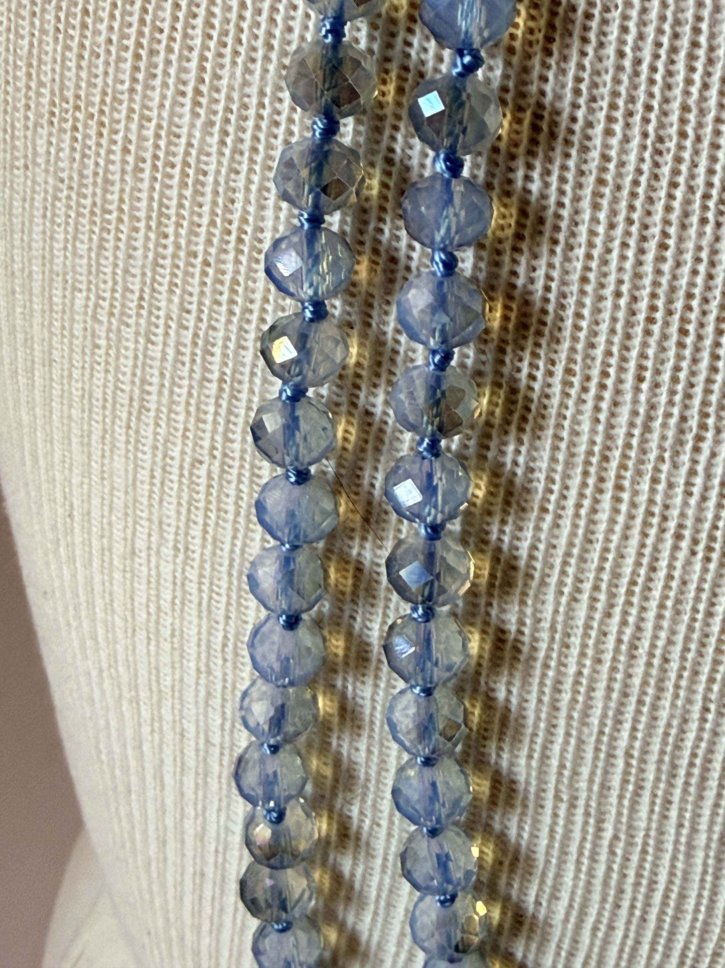 Vintage Long Blue Crystal Necklace, Aurora Borealis Glass Bead Necklace, Long Faceted Crystal Strand, Bridal Jewelry, Mid Century Necklace