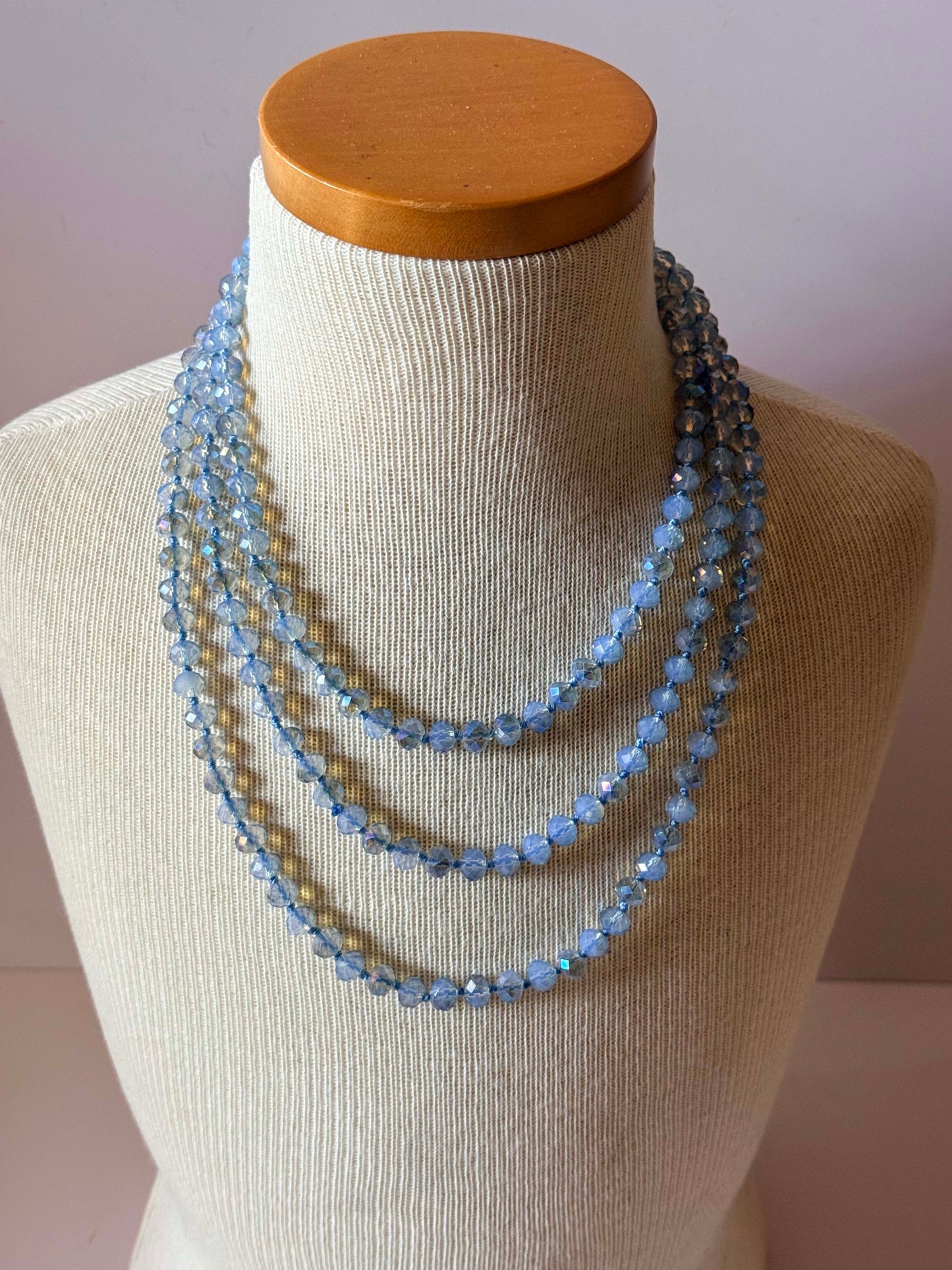 Vintage Long Blue Crystal Necklace, Aurora Borealis Glass Bead Necklace, Long Faceted Crystal Strand, Bridal Jewelry, Mid Century Necklace