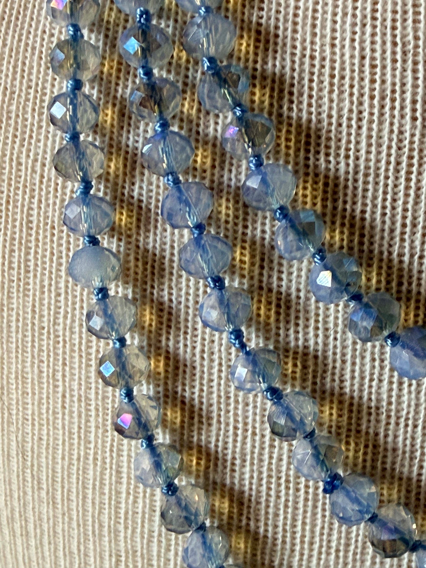Vintage Long Blue Crystal Necklace, Aurora Borealis Glass Bead Necklace, Long Faceted Crystal Strand, Bridal Jewelry, Mid Century Necklace