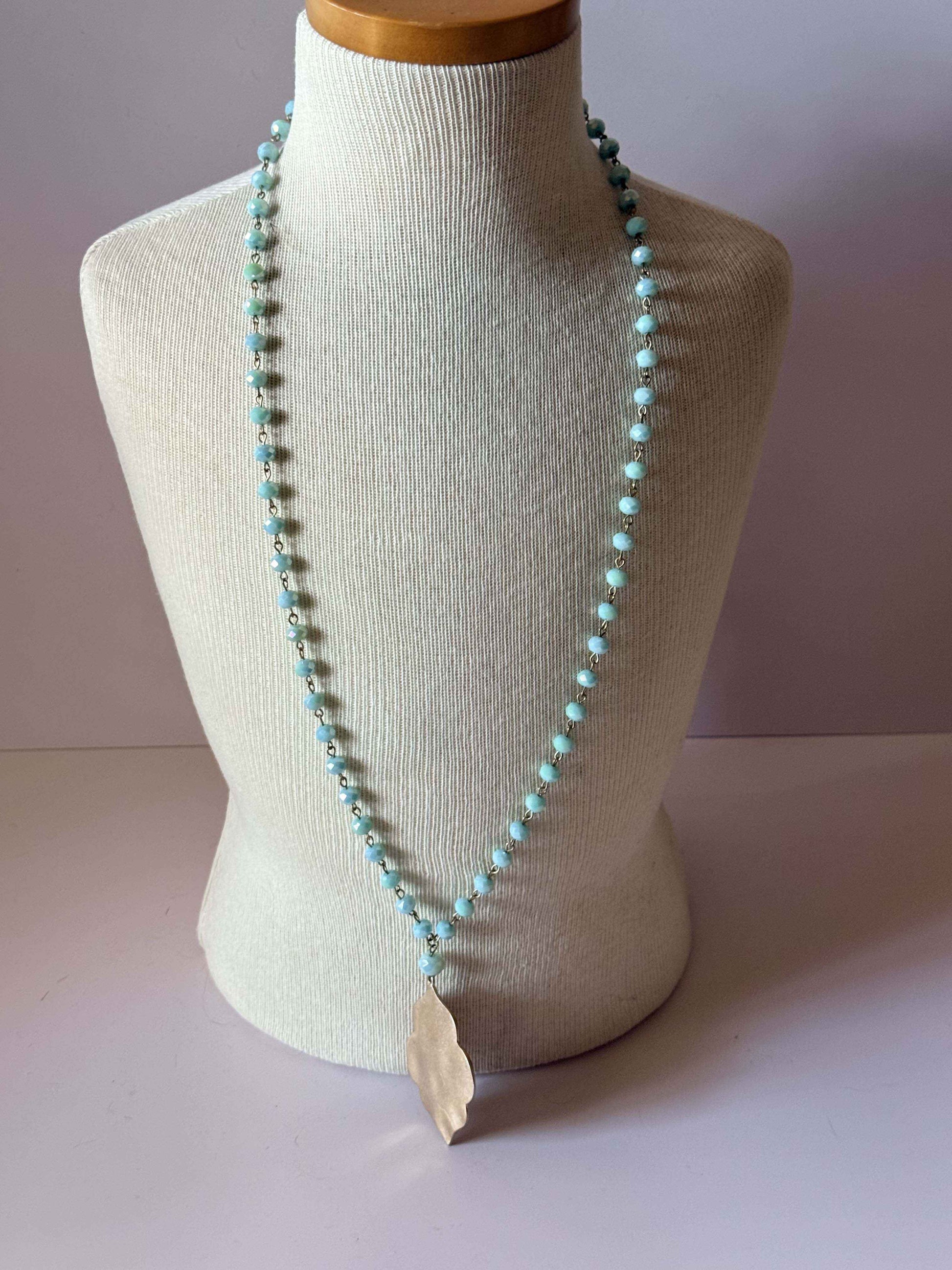Vintage Aqua Crystal Pendant Necklace, Long Faceted Bead Necklace, Gold Tone Leaf Pendant, Boho Statement Jewelry, Vintage Glass Necklace
