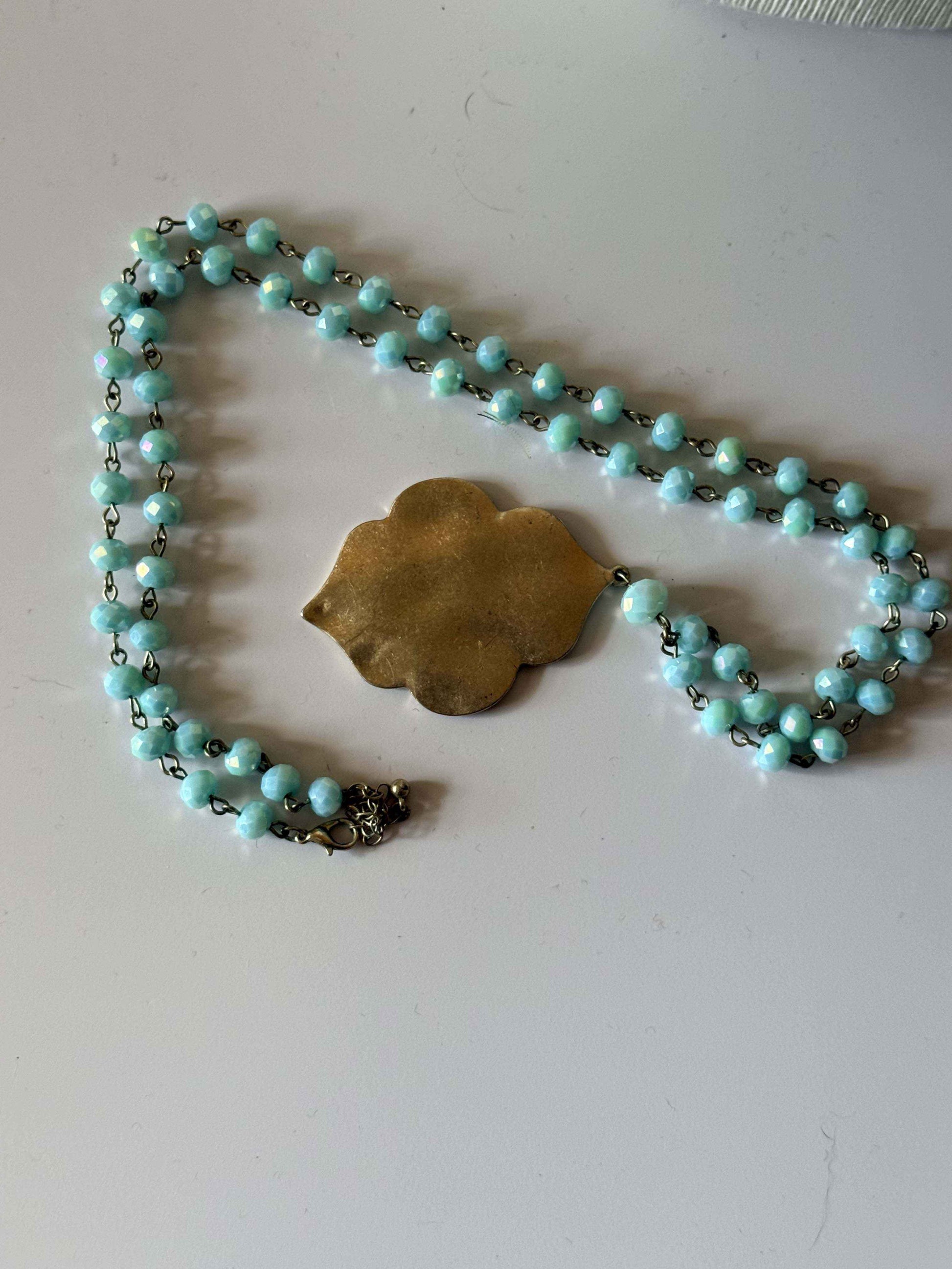 Vintage Aqua Crystal Pendant Necklace, Long Faceted Bead Necklace, Gold Tone Leaf Pendant, Boho Statement Jewelry, Vintage Glass Necklace