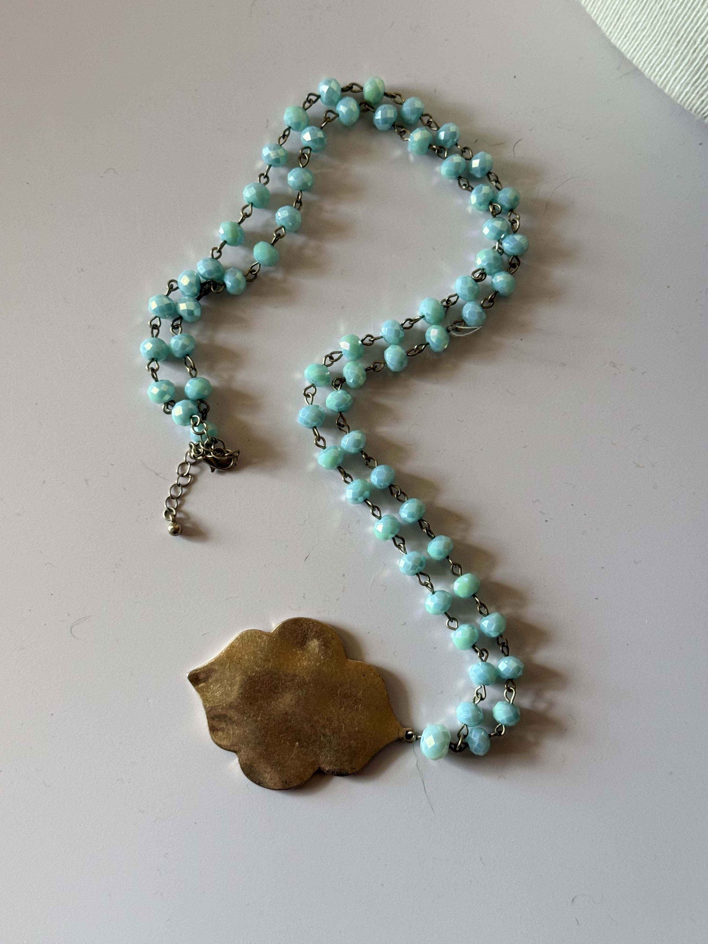 Vintage Aqua Crystal Pendant Necklace, Long Faceted Bead Necklace, Gold Tone Leaf Pendant, Boho Statement Jewelry, Vintage Glass Necklace