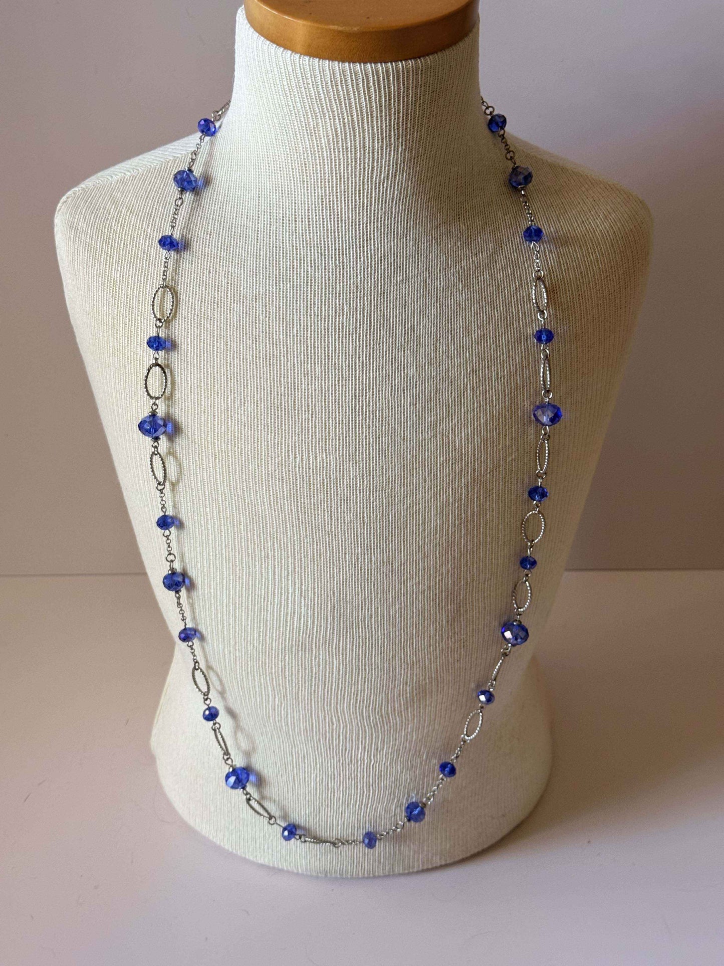 Vintage Blue Crystal Necklace, Silver Tone Link Necklace, Long Faceted Glass Necklace, Cobalt Blue Crystal Jewelry, Mid Century Vintage Necklace