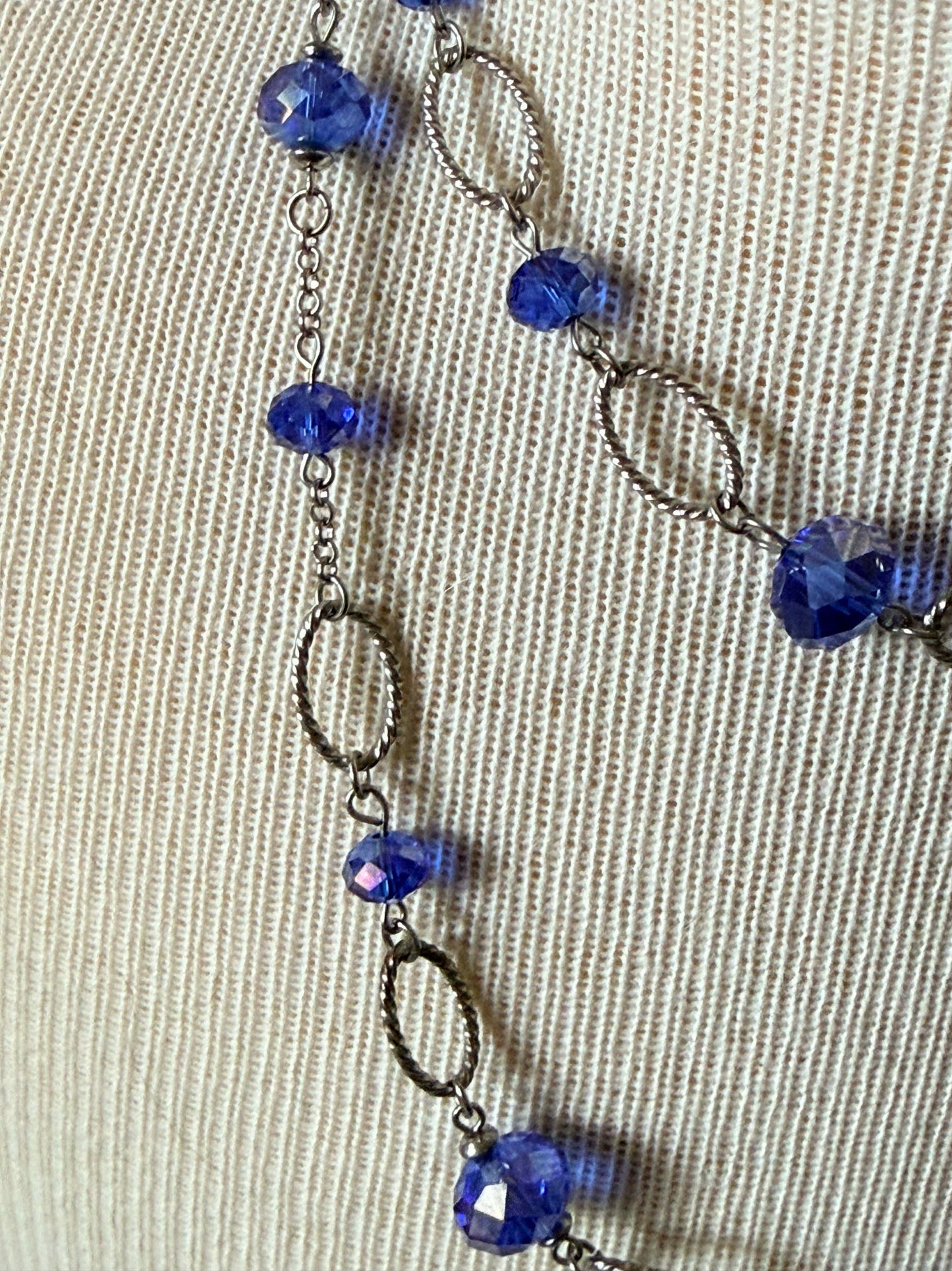 Vintage Blue Crystal Necklace, Silver Tone Link Necklace, Long Faceted Glass Necklace, Cobalt Blue Crystal Jewelry, Mid Century Vintage Necklace
