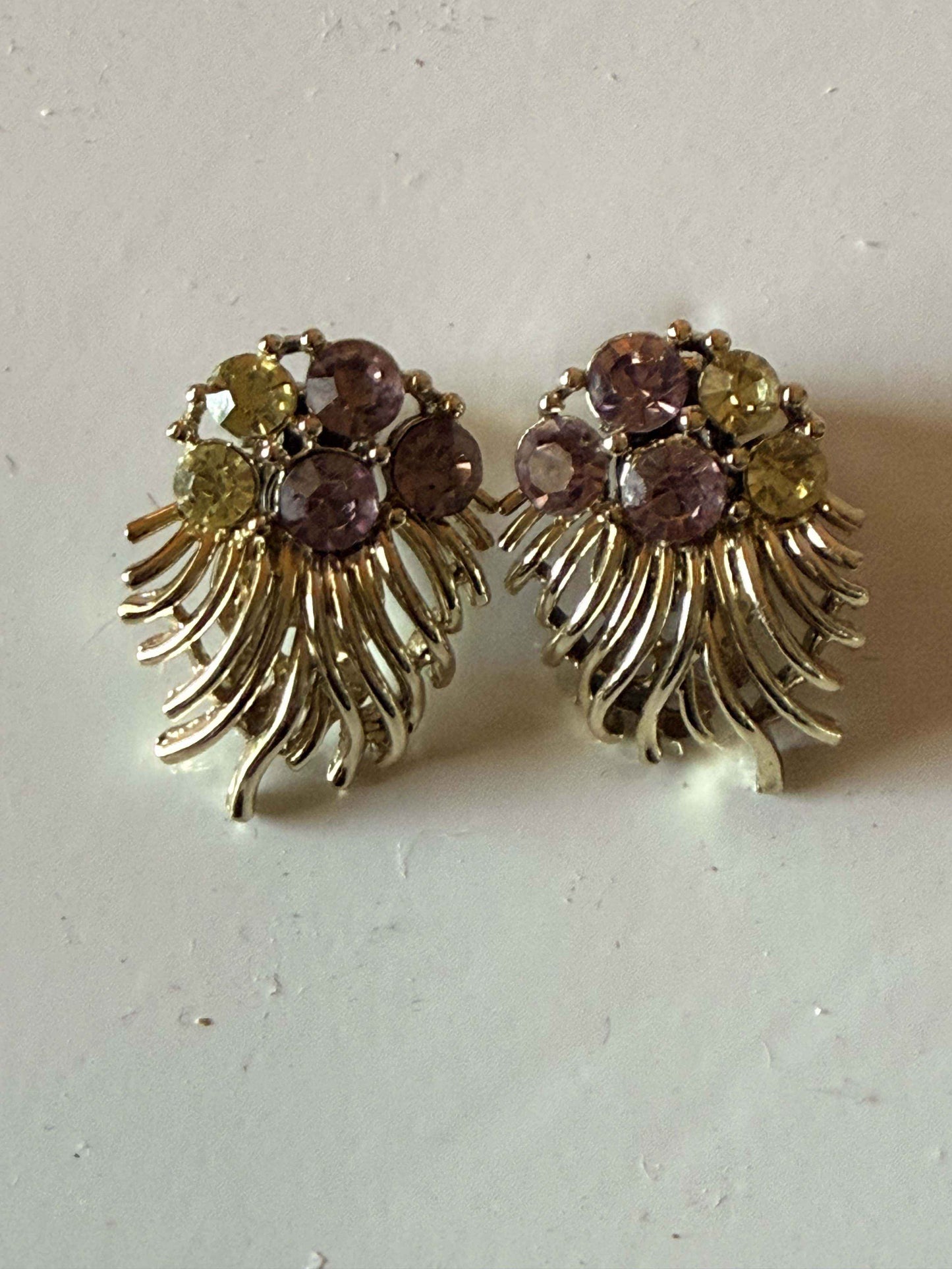 Vintage Lisner Purple & Yellow Rhinestone Clip On Earrings | Gold Tone Floral Spray Earrings | Mid Century Costume Jewelry | 1950s Statement Earrings