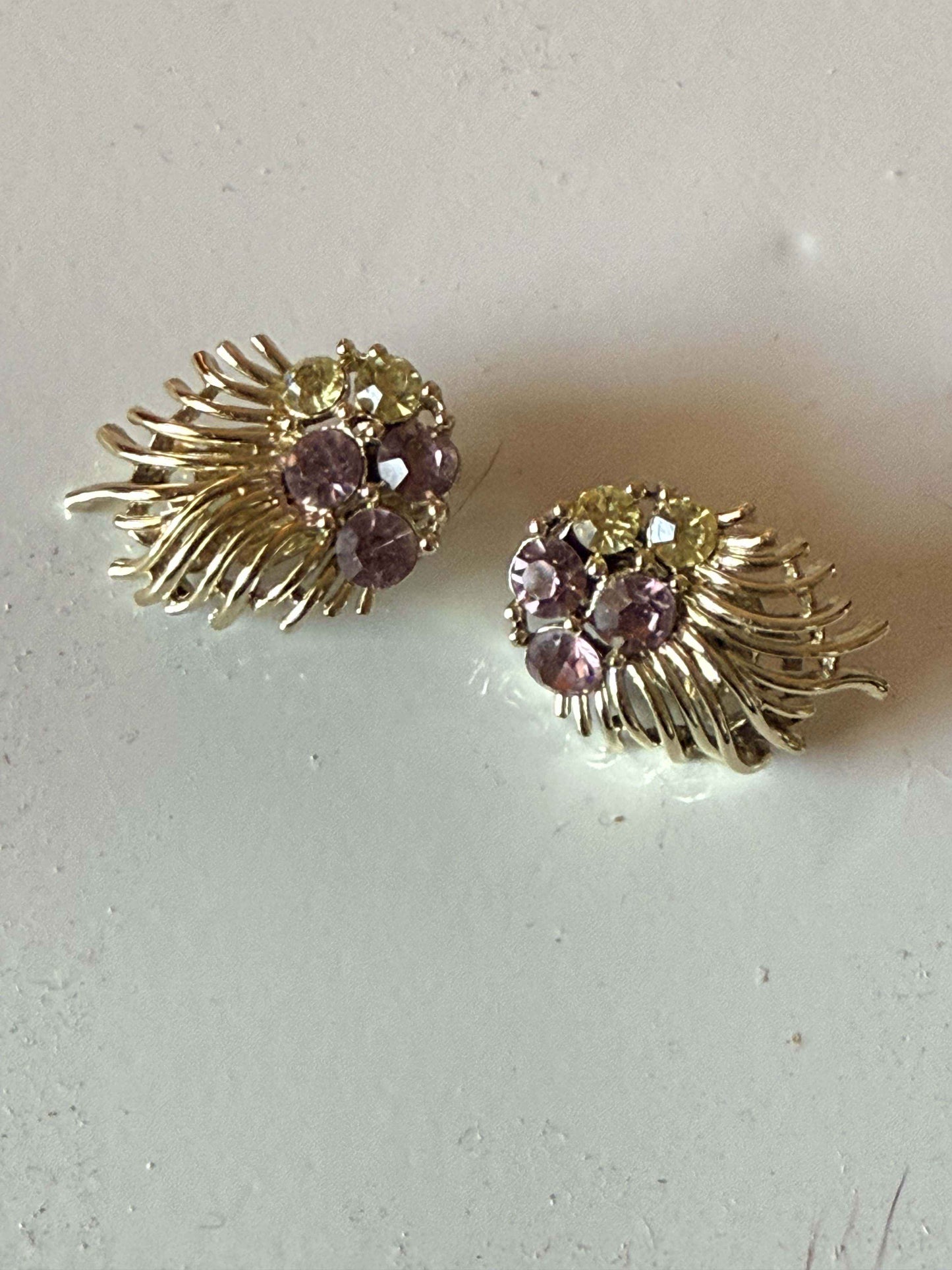 Vintage Lisner Purple & Yellow Rhinestone Clip On Earrings | Gold Tone Floral Spray Earrings | Mid Century Costume Jewelry | 1950s Statement Earrings