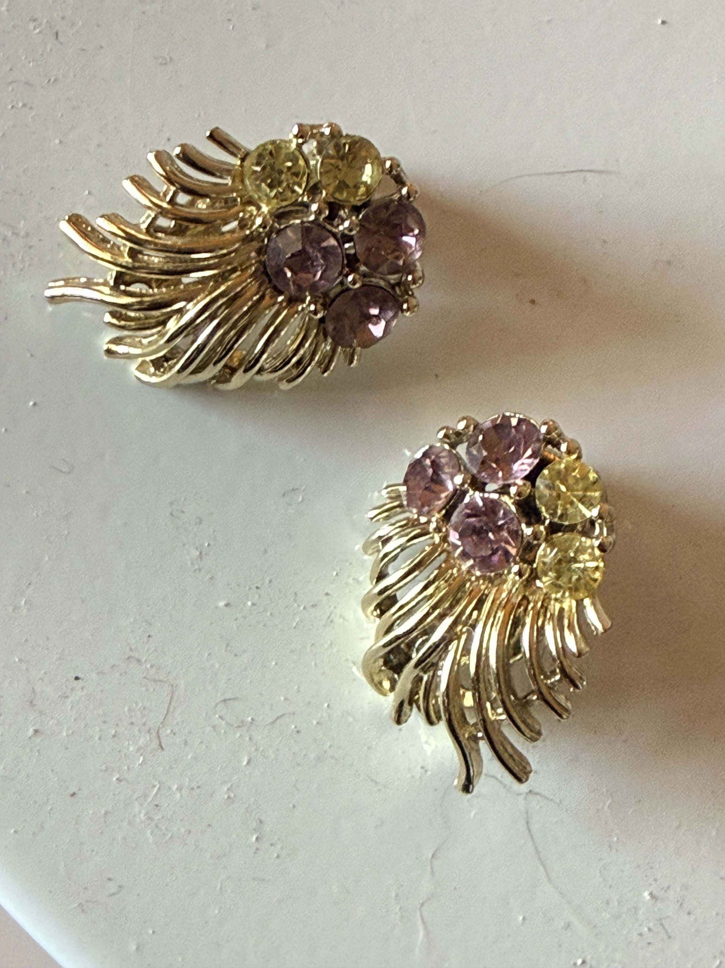 Vintage Lisner Purple & Yellow Rhinestone Clip On Earrings | Gold Tone Floral Spray Earrings | Mid Century Costume Jewelry | 1950s Statement Earrings