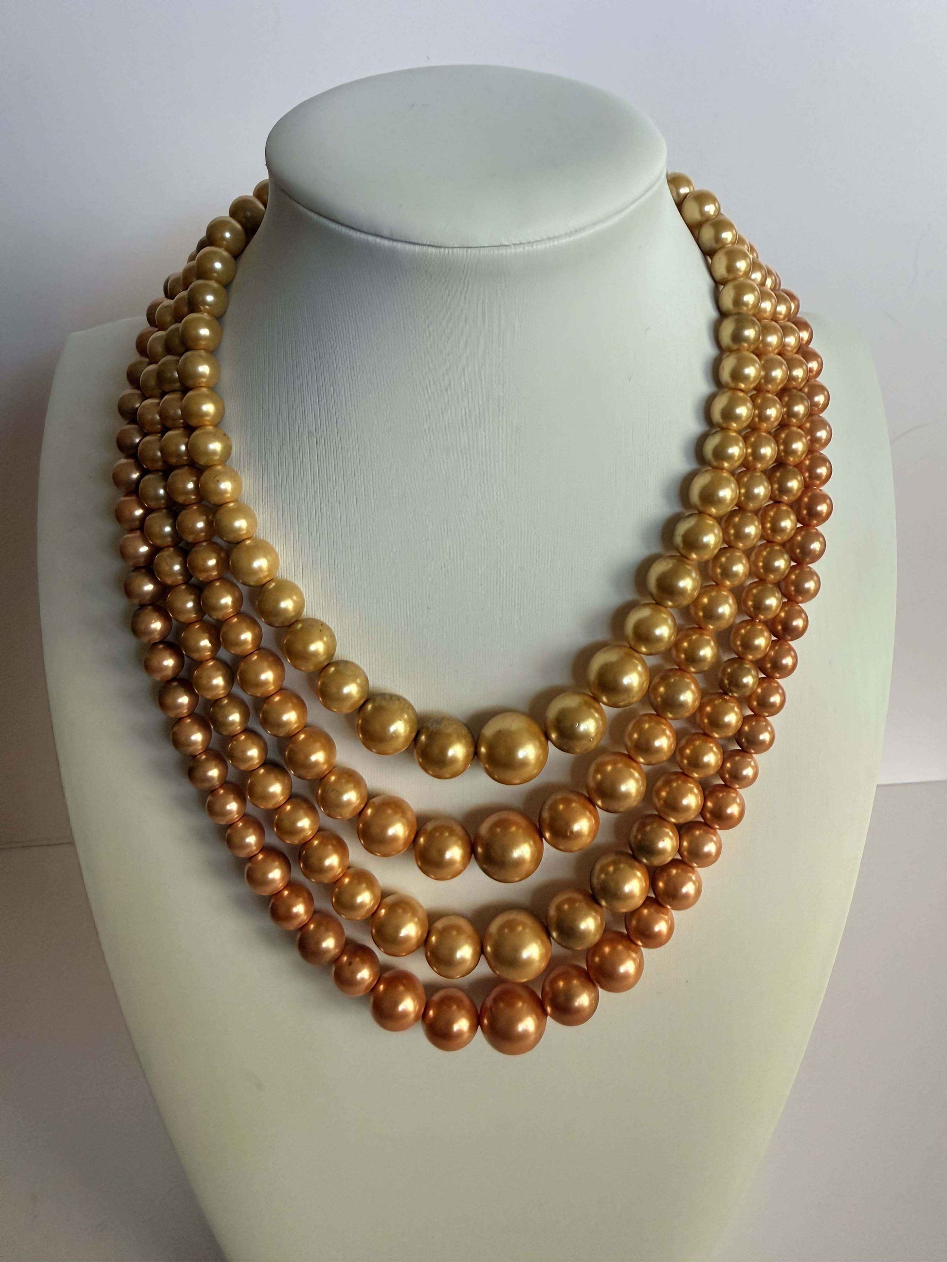 Vintage Four Strand Faux Pearl Necklace | Champagne Gold Pearl Statement Necklace | Mid Century Layered Necklace | Bridal Jewelry | Wedding Necklace