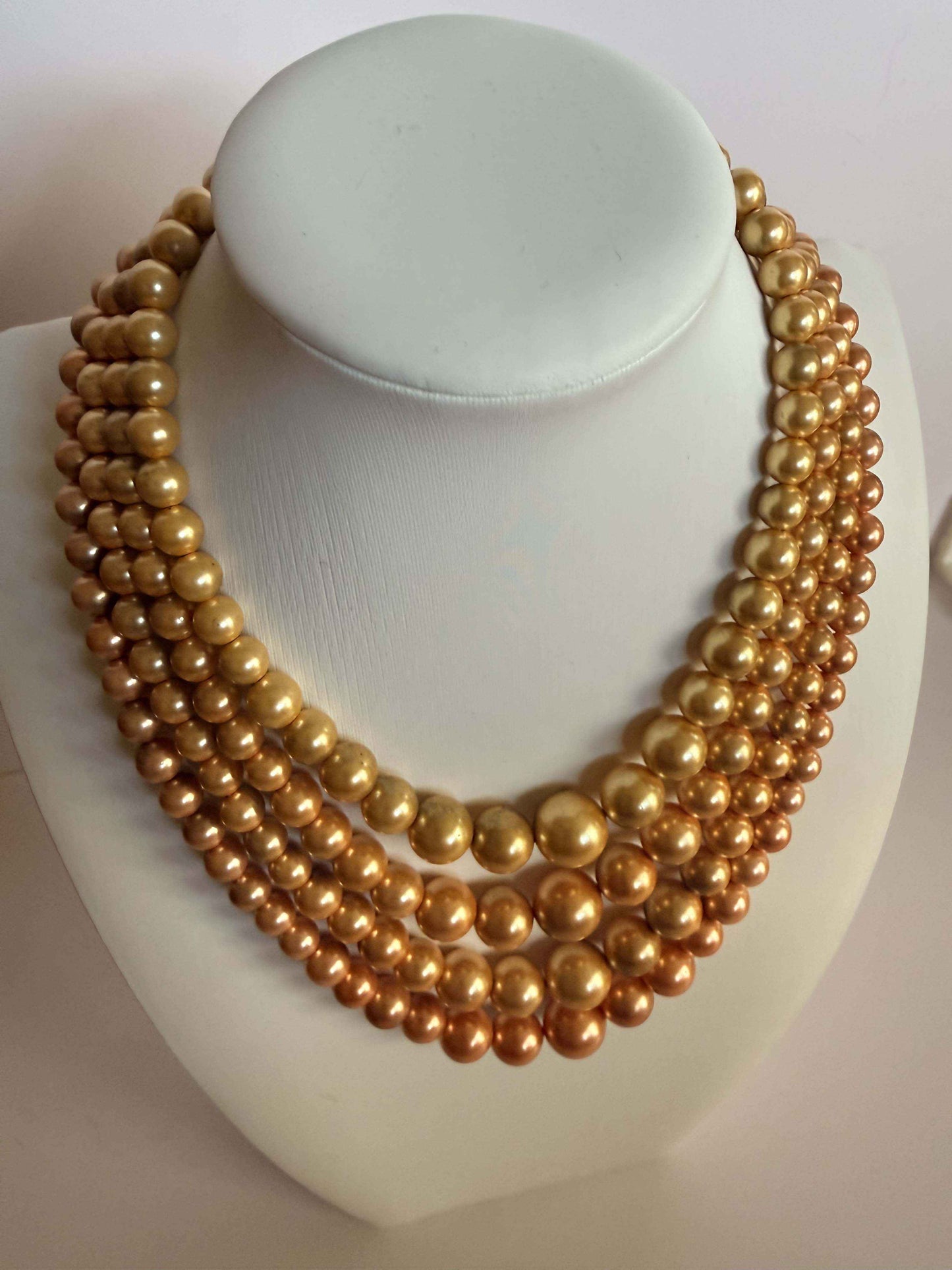 Vintage Four Strand Faux Pearl Necklace | Champagne Gold Pearl Statement Necklace | Mid Century Layered Necklace | Bridal Jewelry | Wedding Necklace