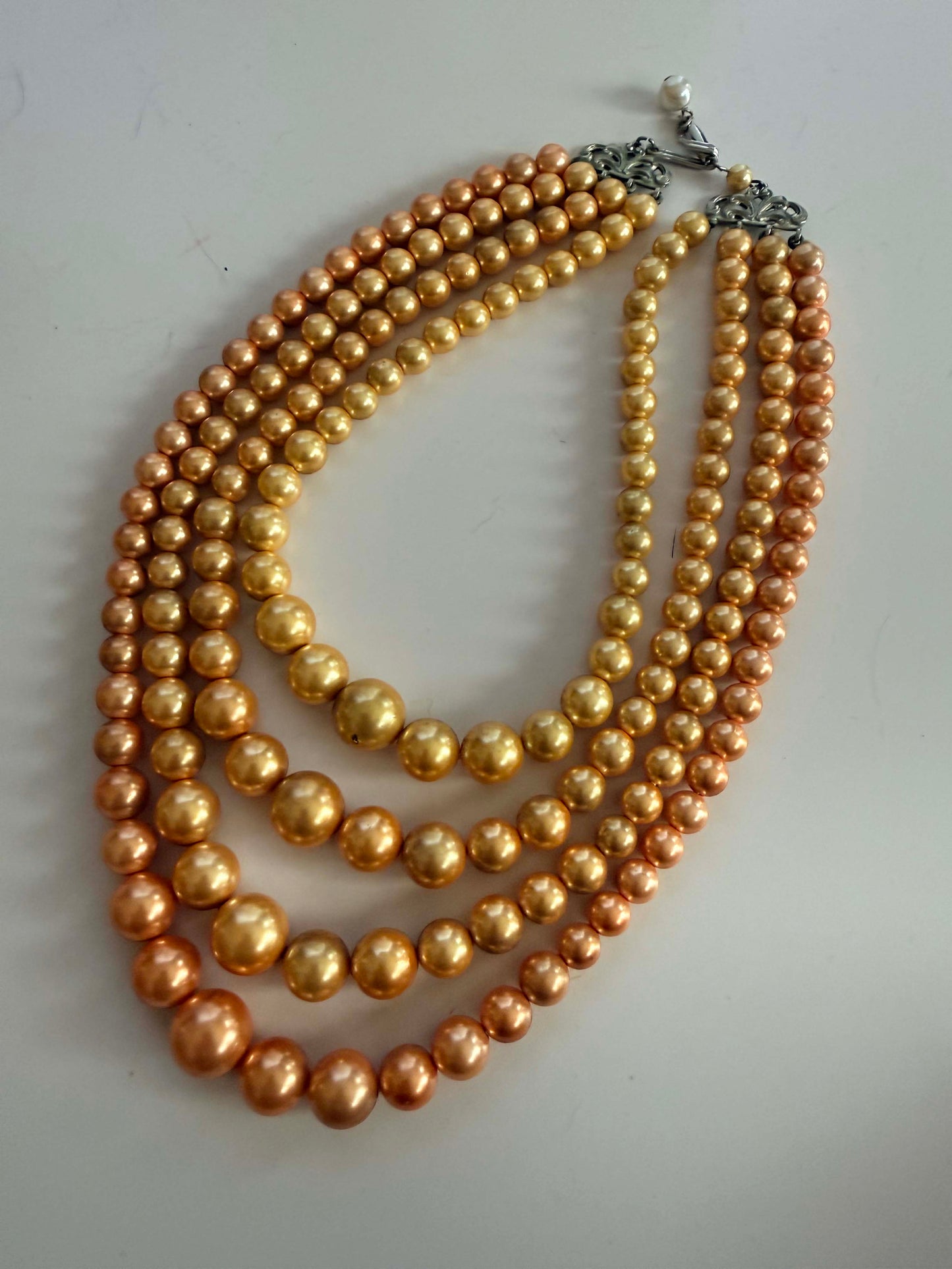 Vintage Four Strand Faux Pearl Necklace | Champagne Gold Pearl Statement Necklace | Mid Century Layered Necklace | Bridal Jewelry | Wedding Necklace