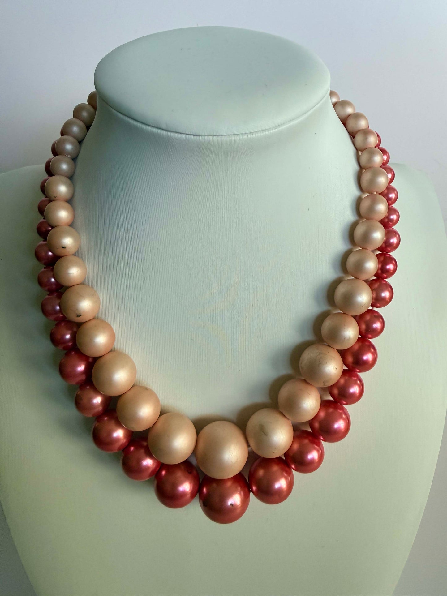 Vintage Double Strand Pink & Champagne Faux Pearl Necklace | Graduated Pearl Necklace | Mid Century Costume Jewelry | Two Tone Statement Necklace | Retro Pearl Jewelry