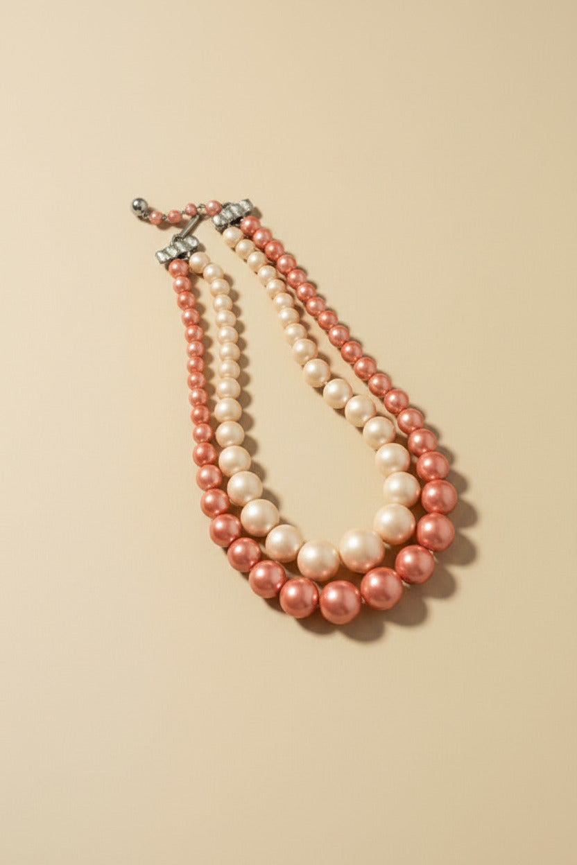 Vintage Double Strand Pink & Champagne Faux Pearl Necklace | Graduated Pearl Necklace | Mid Century Costume Jewelry | Two Tone Statement Necklace | Retro Pearl Jewelry