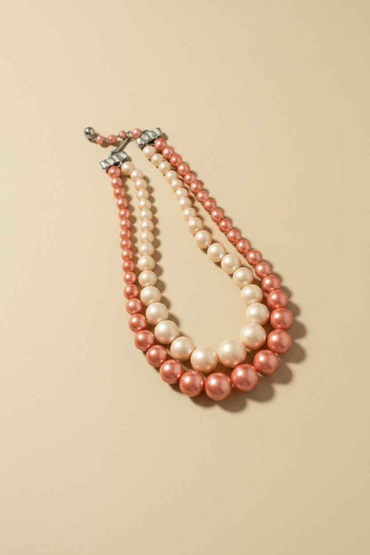 Vintage Double Strand Pink & Champagne Faux Pearl Necklace | Graduated Pearl Necklace | Mid Century Costume Jewelry | Two Tone Statement Necklace | Retro Pearl Jewelry