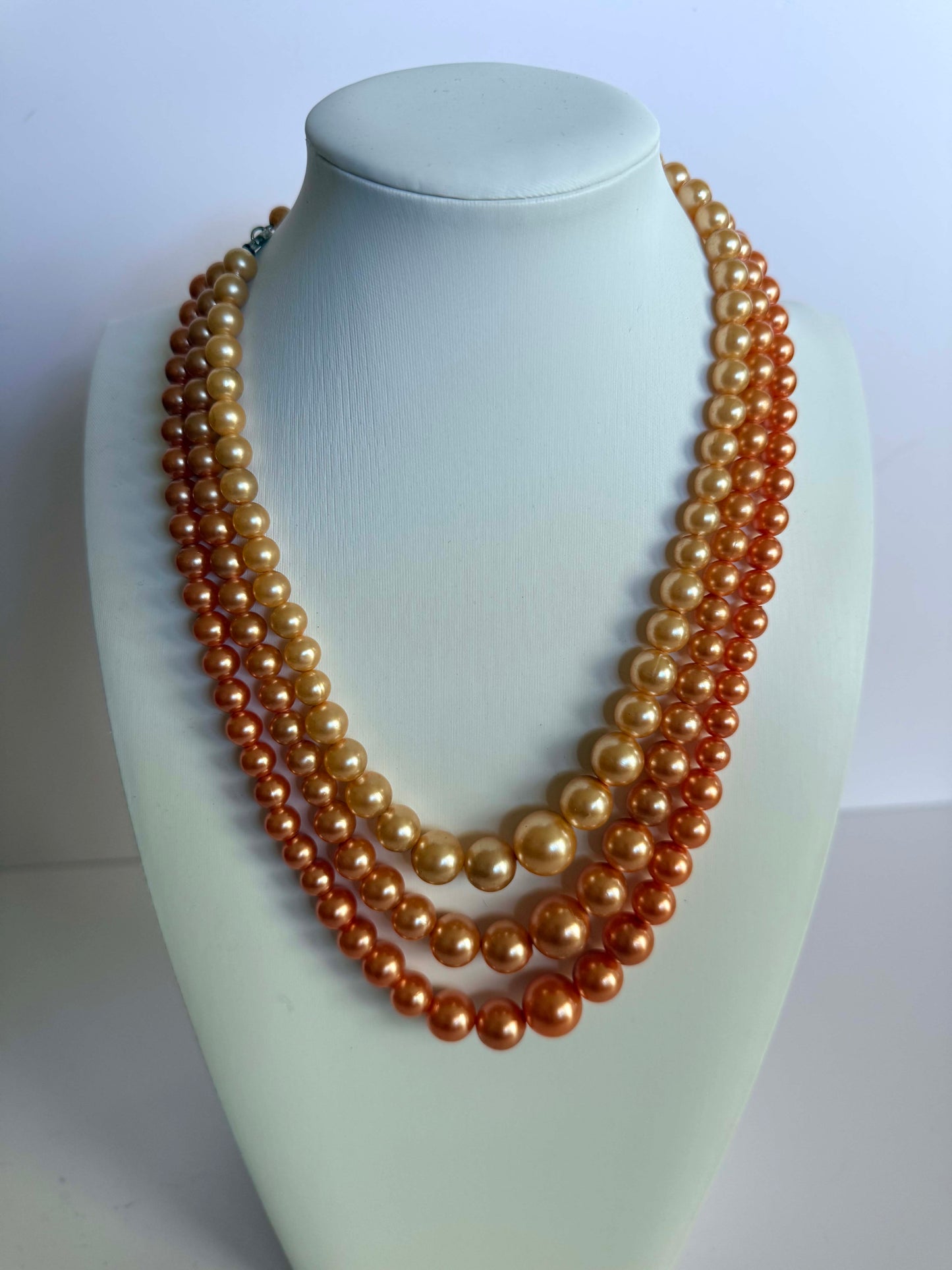 Vintage Triple Strand Faux Pearl Necklace | Champagne &amp; Peach Pearl Statement Necklace | Mid Century Costume Jewelry | Graduated Pearl Necklace | Elegant Vintage Jewelry