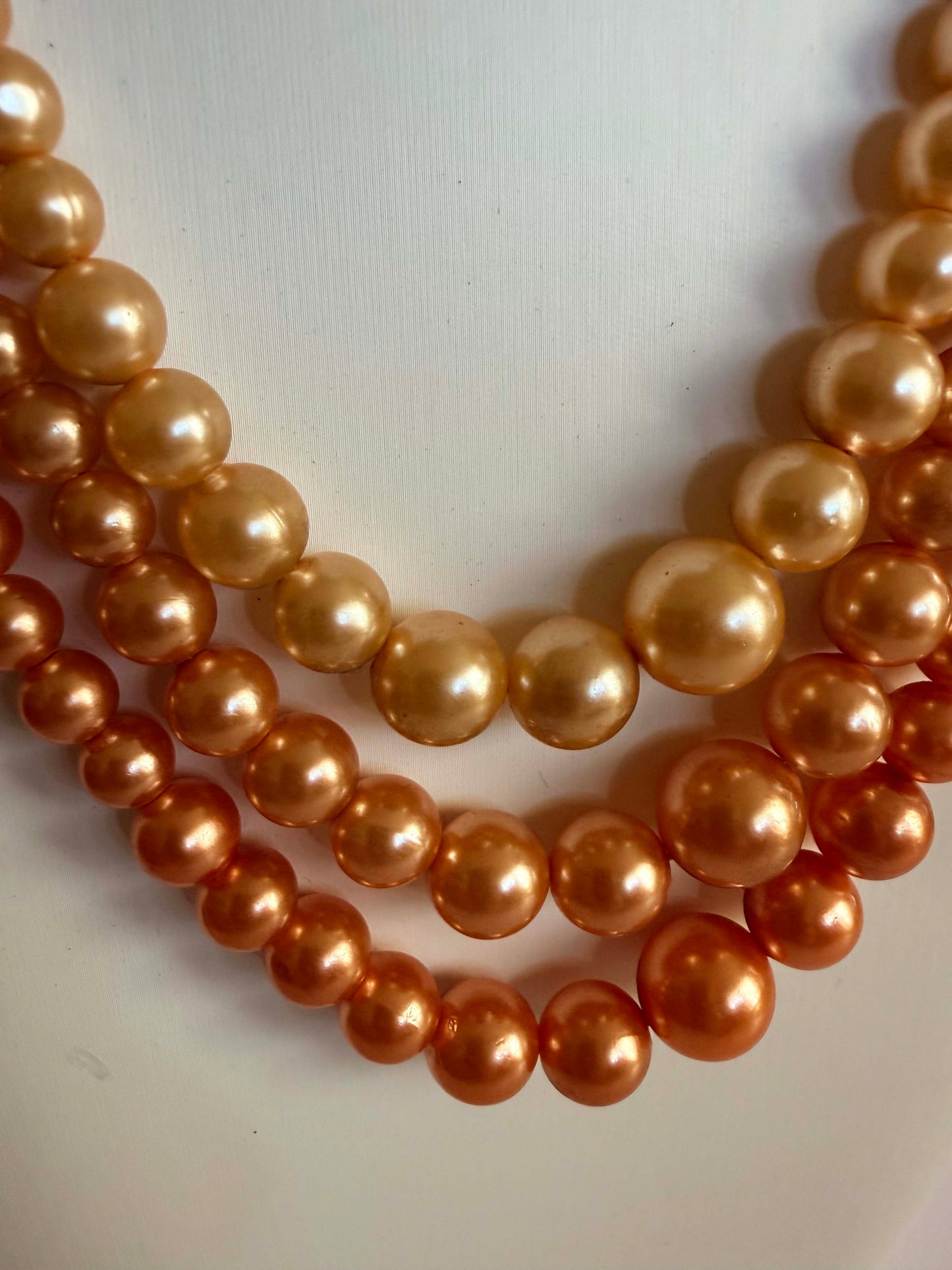 Vintage Triple Strand Faux Pearl Necklace | Champagne &amp; Peach Pearl Statement Necklace | Mid Century Costume Jewelry | Graduated Pearl Necklace | Elegant Vintage Jewelry