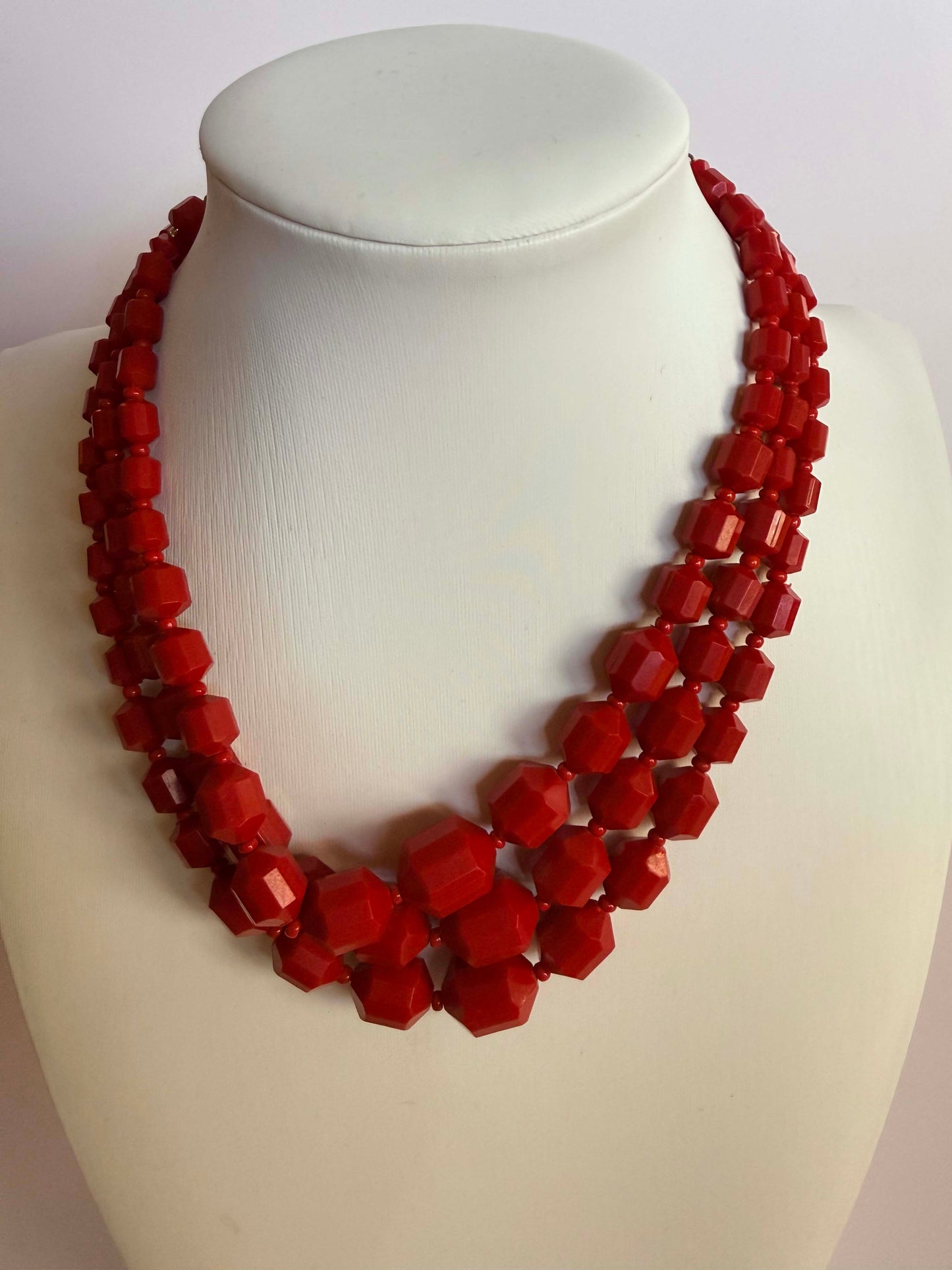 Vintage Red Triple Strand Faceted Bead Necklace | Mid Century Statement Necklace | Art Deco Inspired Costume Jewelry | Bold Red Beaded Necklace | Retro Fashion Jewelry