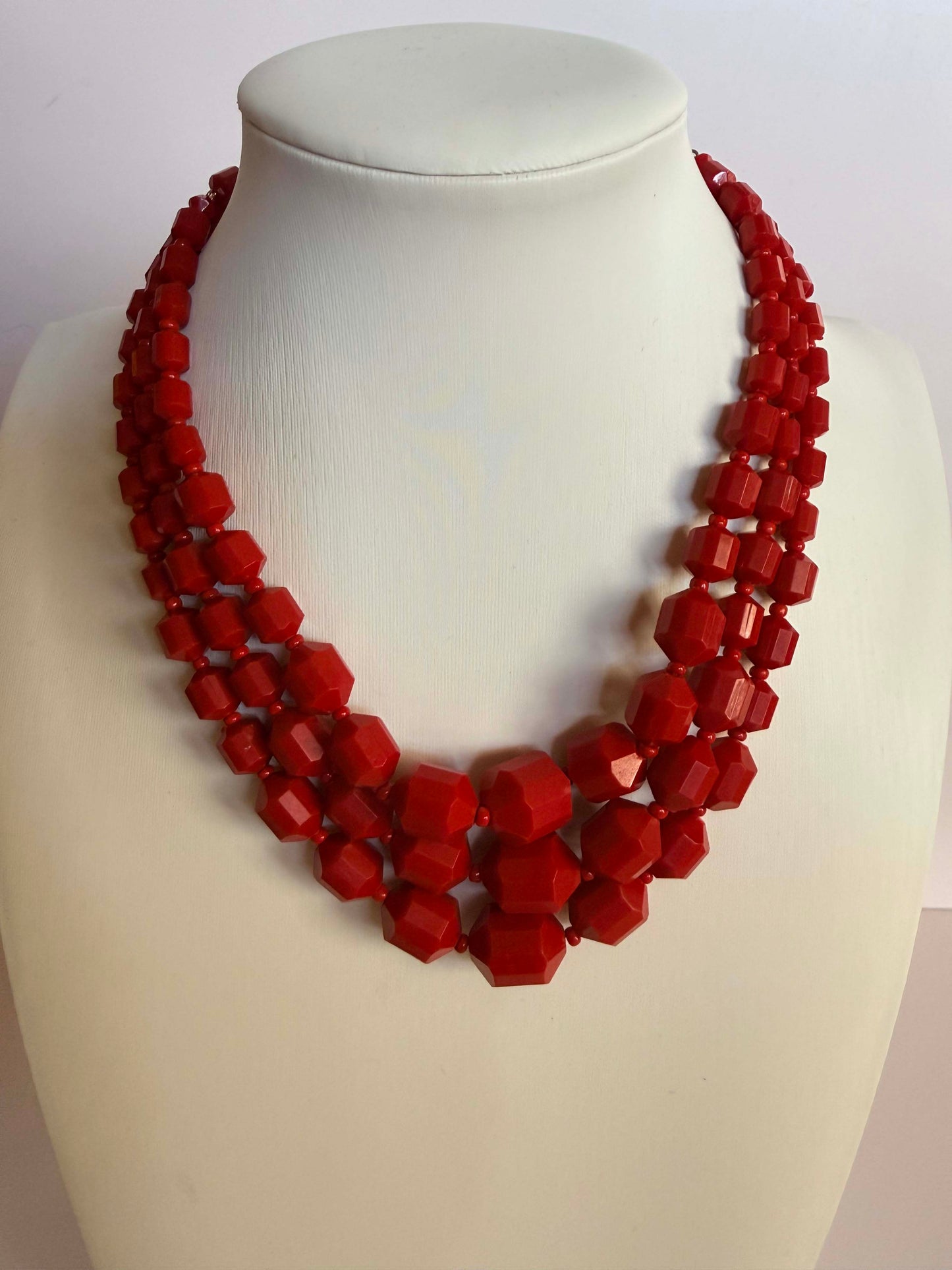 Vintage Red Triple Strand Faceted Bead Necklace | Mid Century Statement Necklace | Art Deco Inspired Costume Jewelry | Bold Red Beaded Necklace | Retro Fashion Jewelry