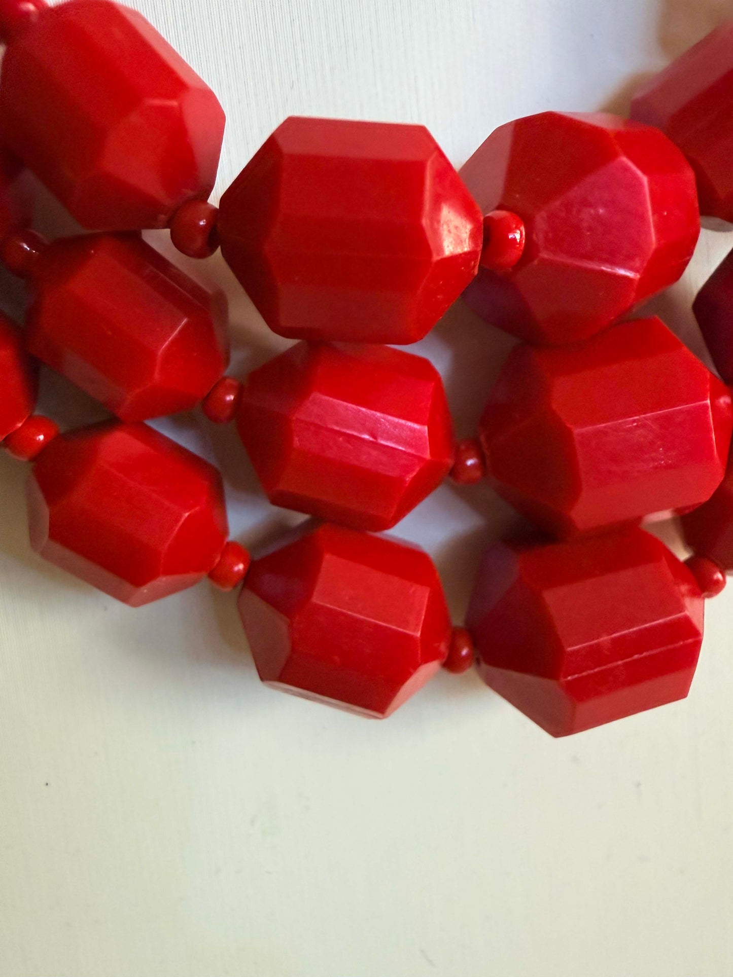 Vintage Red Triple Strand Faceted Bead Necklace | Mid Century Statement Necklace | Art Deco Inspired Costume Jewelry | Bold Red Beaded Necklace | Retro Fashion Jewelry