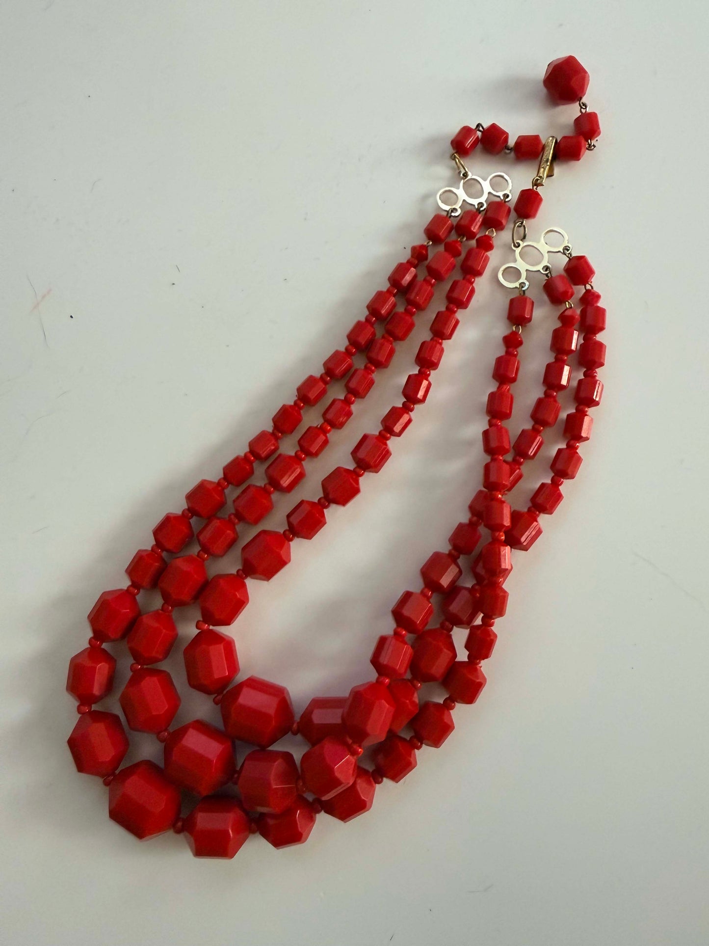 Vintage Red Triple Strand Faceted Bead Necklace | Mid Century Statement Necklace | Art Deco Inspired Costume Jewelry | Bold Red Beaded Necklace | Retro Fashion Jewelry