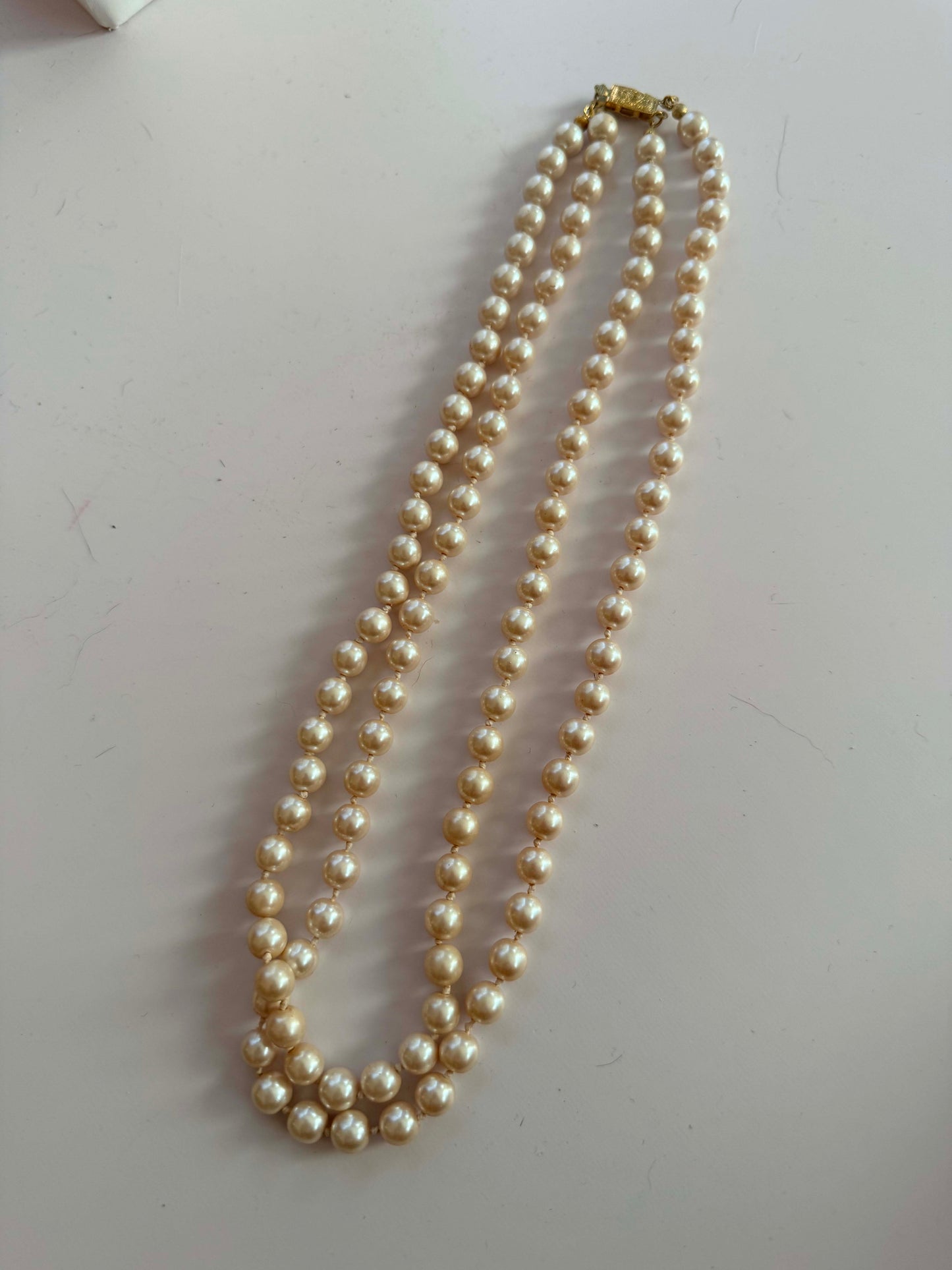 Vintage Double Strand Faux Pearl Necklace | Hand Knotted Ivory Pearl Necklace | Mid Century Costume Jewelry | Classic Bridal Necklace | Timeless Vintage Jewelry