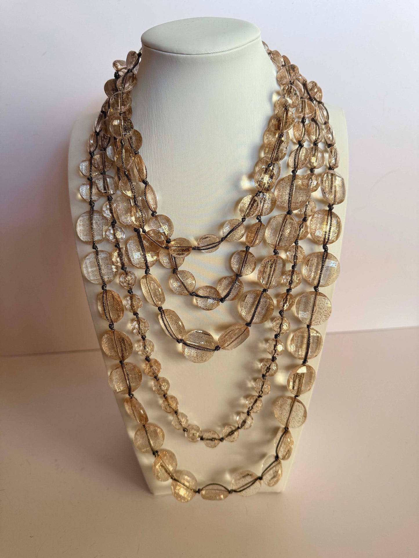 Vintage Multi Strand Lucite Bead Necklace | Gold Glitter Lucite Statement Necklace | 1980s Layered Necklace | Clear Champagne Acrylic Jewelry | Vintage Runway Style