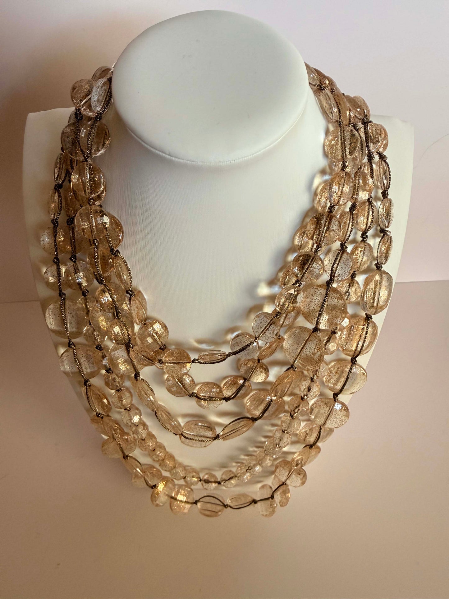 Vintage Multi Strand Lucite Bead Necklace | Gold Glitter Lucite Statement Necklace | 1980s Layered Necklace | Clear Champagne Acrylic Jewelry | Vintage Runway Style