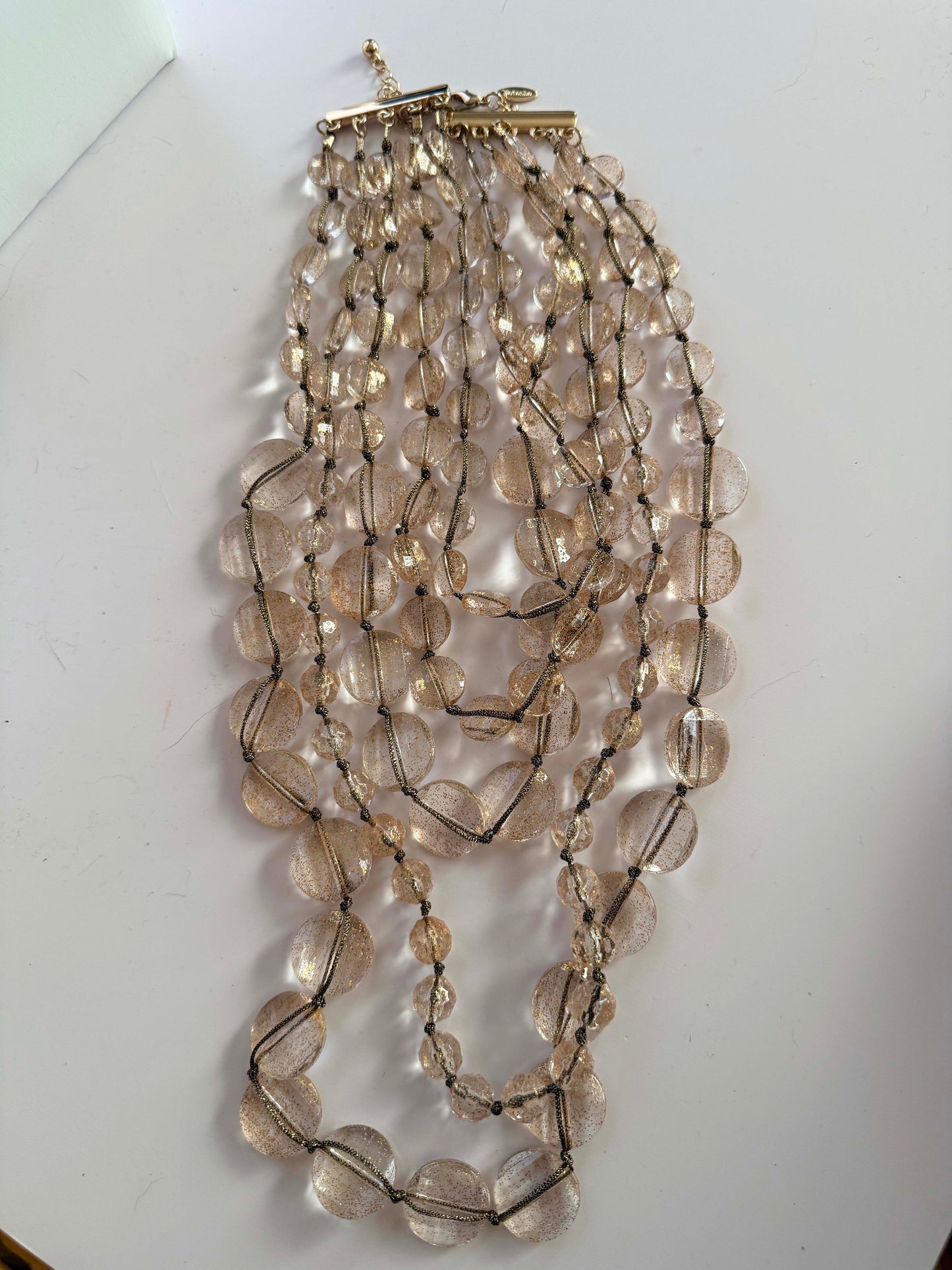 Vintage Multi Strand Lucite Bead Necklace | Gold Glitter Lucite Statement Necklace | 1980s Layered Necklace | Clear Champagne Acrylic Jewelry | Vintage Runway Style